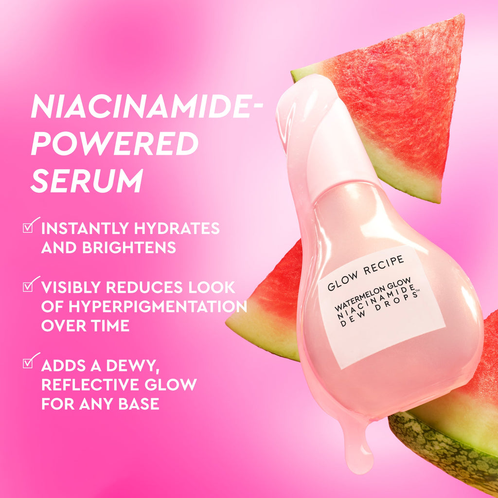 Glow Recipe Best of Dew & Hues Kit infographic listing the dewy, all-over glow benefits of the Dew Drops serum