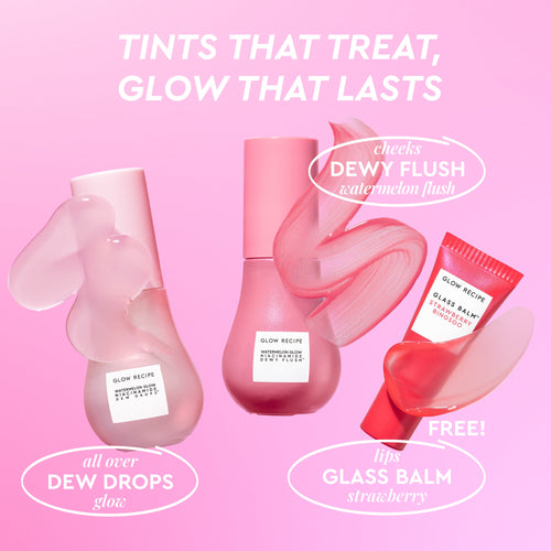 Glow Recipe Best of Dew & Hues Kit product shot showing all three pieces of the brightening, hydrating skincare set