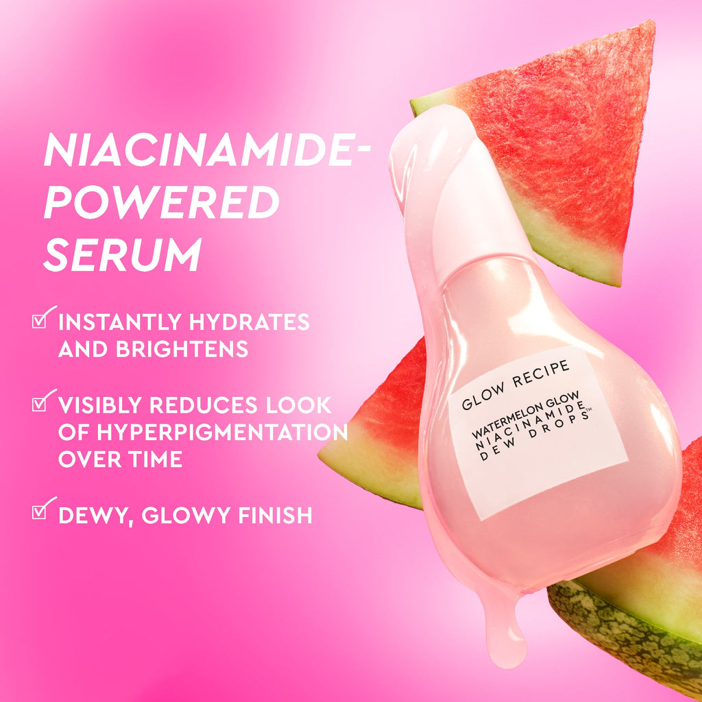 Glow Recipe niacinamide-powered serum with watermelon slices on a pink background