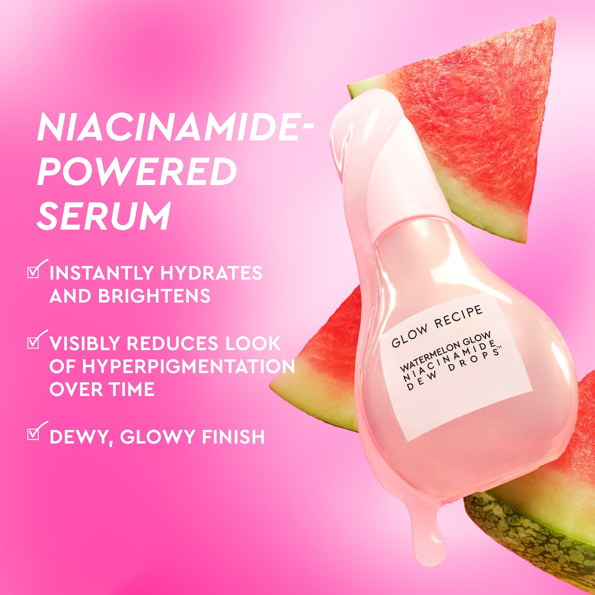 Glow Recipe niacinamide-powered serum with watermelon slices on a pink background