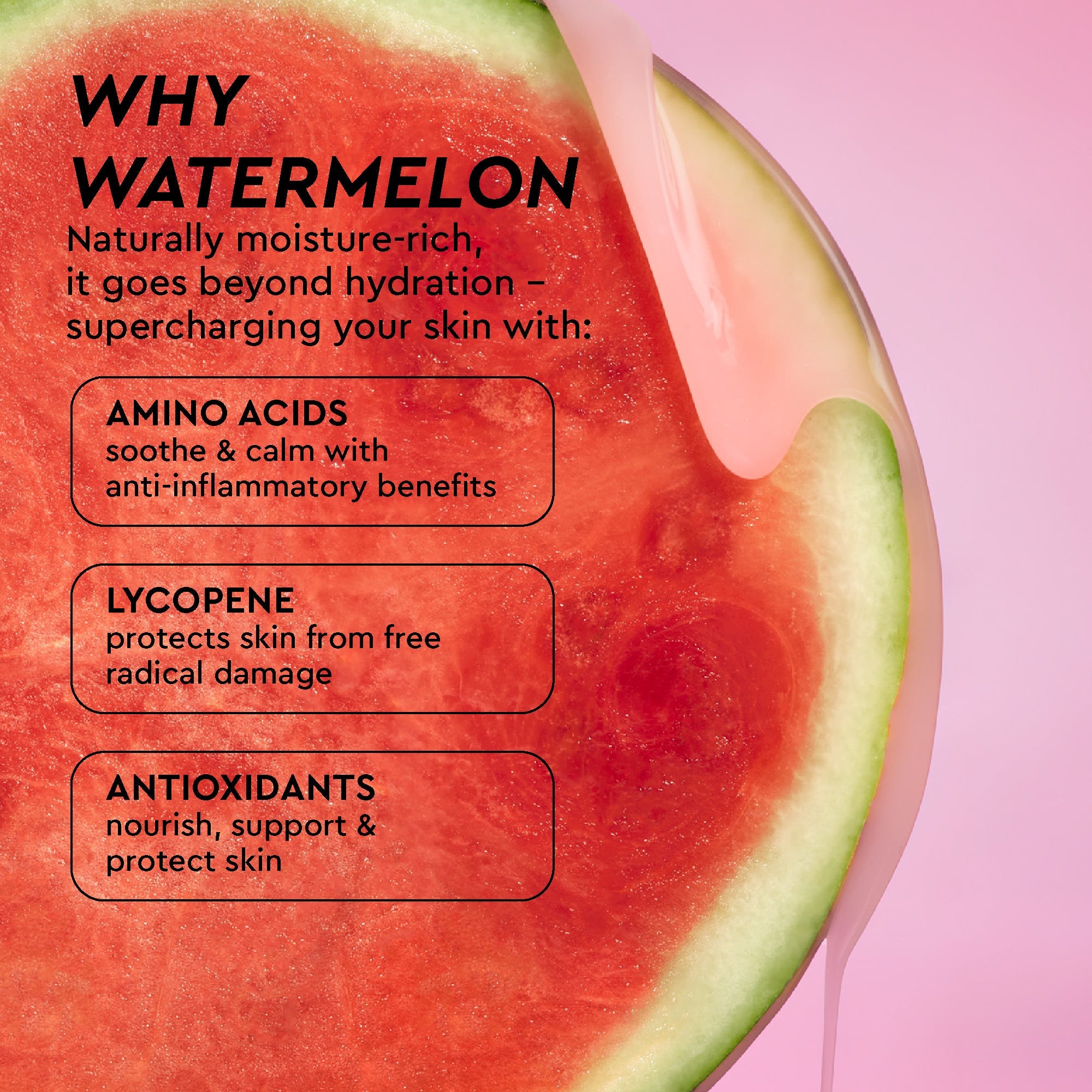 Watermelon Glow Dewy Skin Routine infographic featuring sliced watermelon with callouts on its brightening skin benefits.