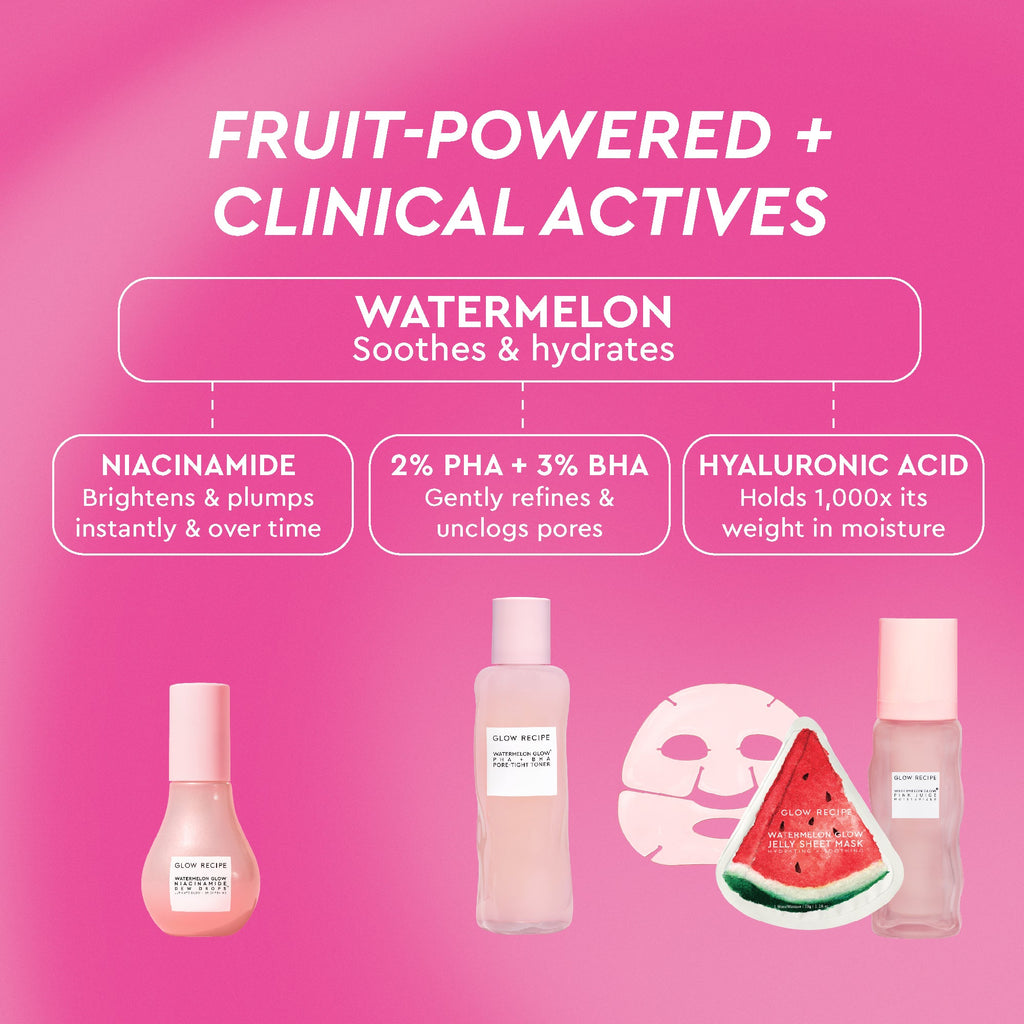 Skincare products with watermelon-themed packaging on a pink background