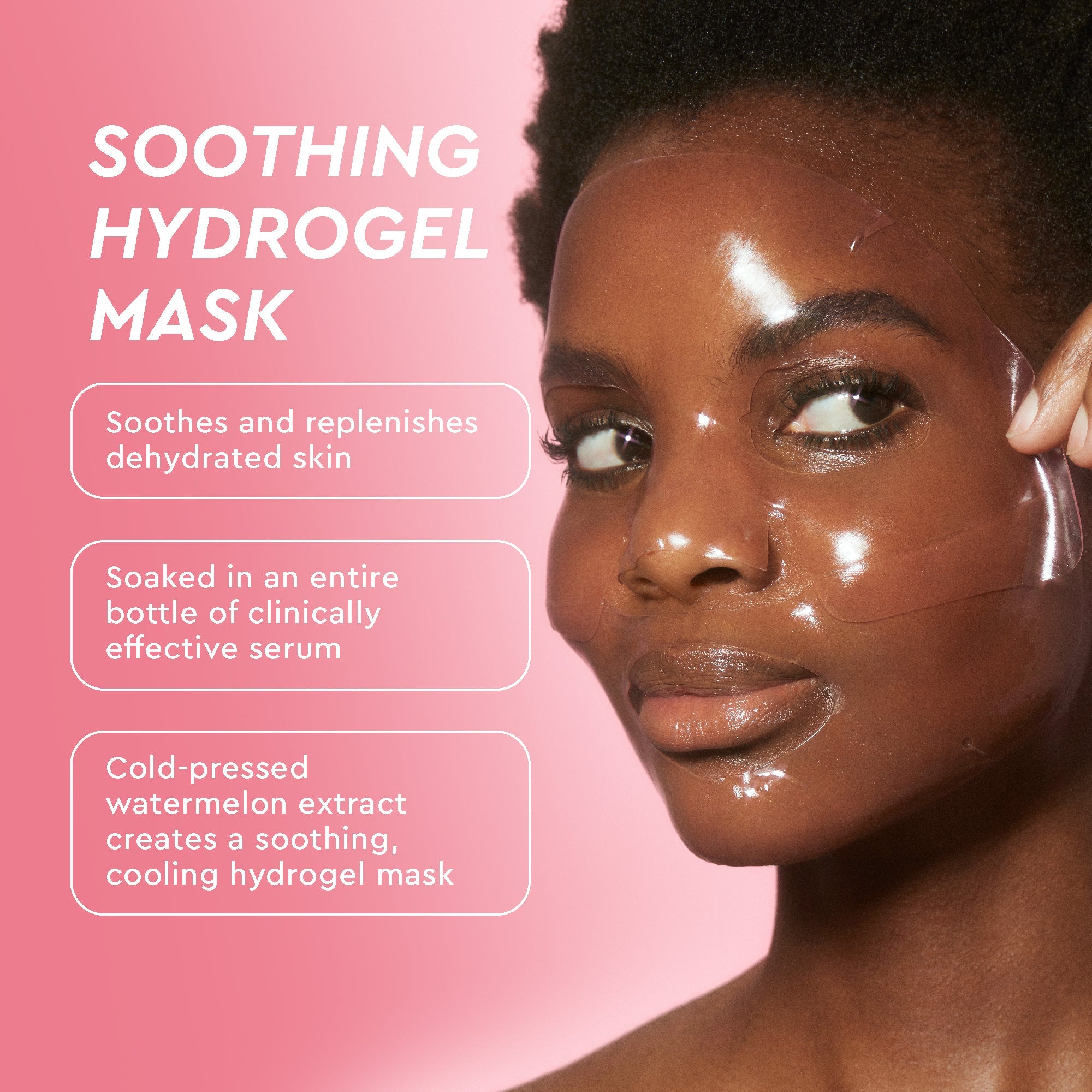 Woman applying a soothing hydrogel mask with product features on a pink background