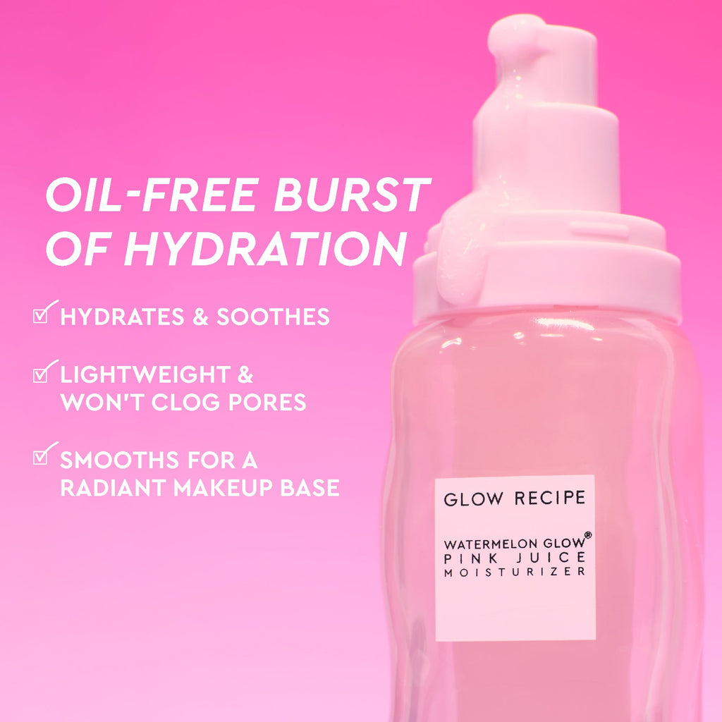 Pink bottle of Glow Recipe moisturizer with text on a pink background