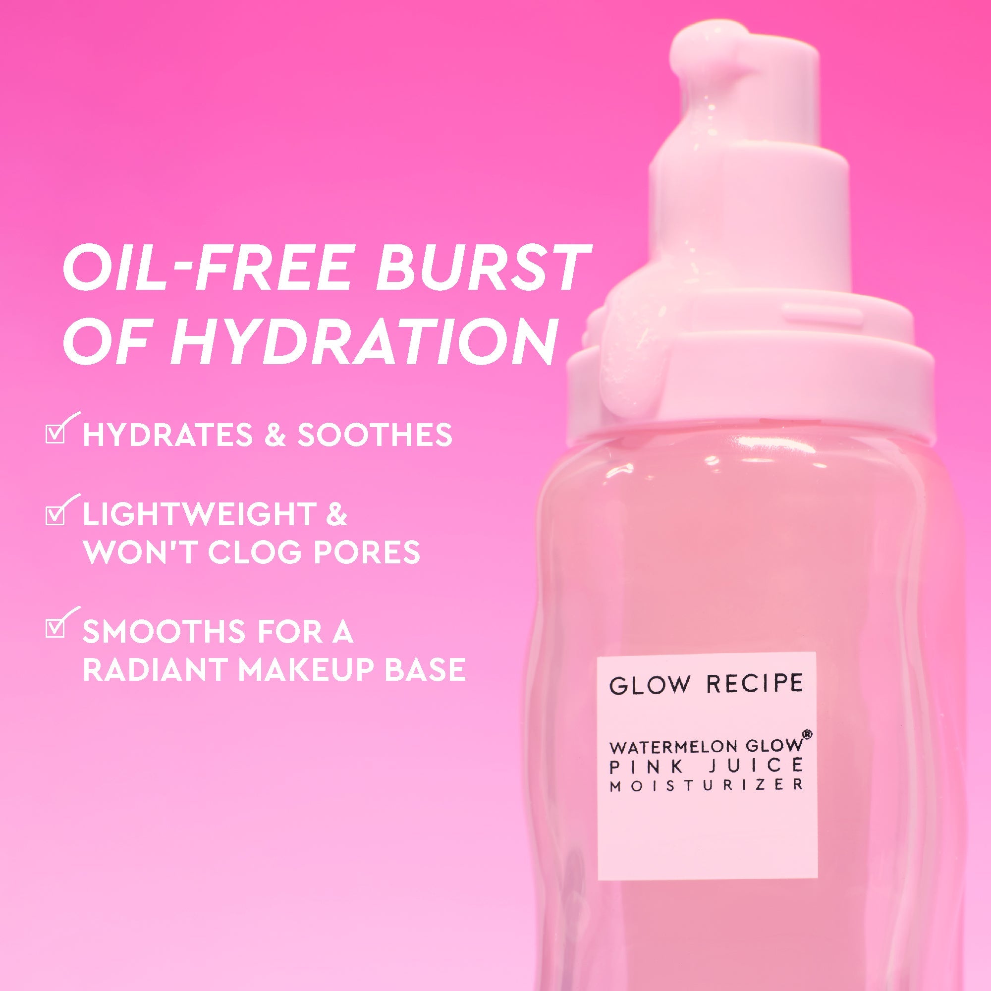 Pink bottle of Glow Recipe moisturizer with text on a pink background