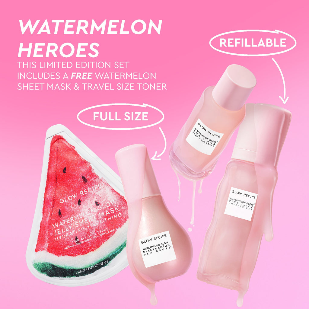 Glow Recipe Watermelon Heroes set with sheet mask and travel size toner on pink background