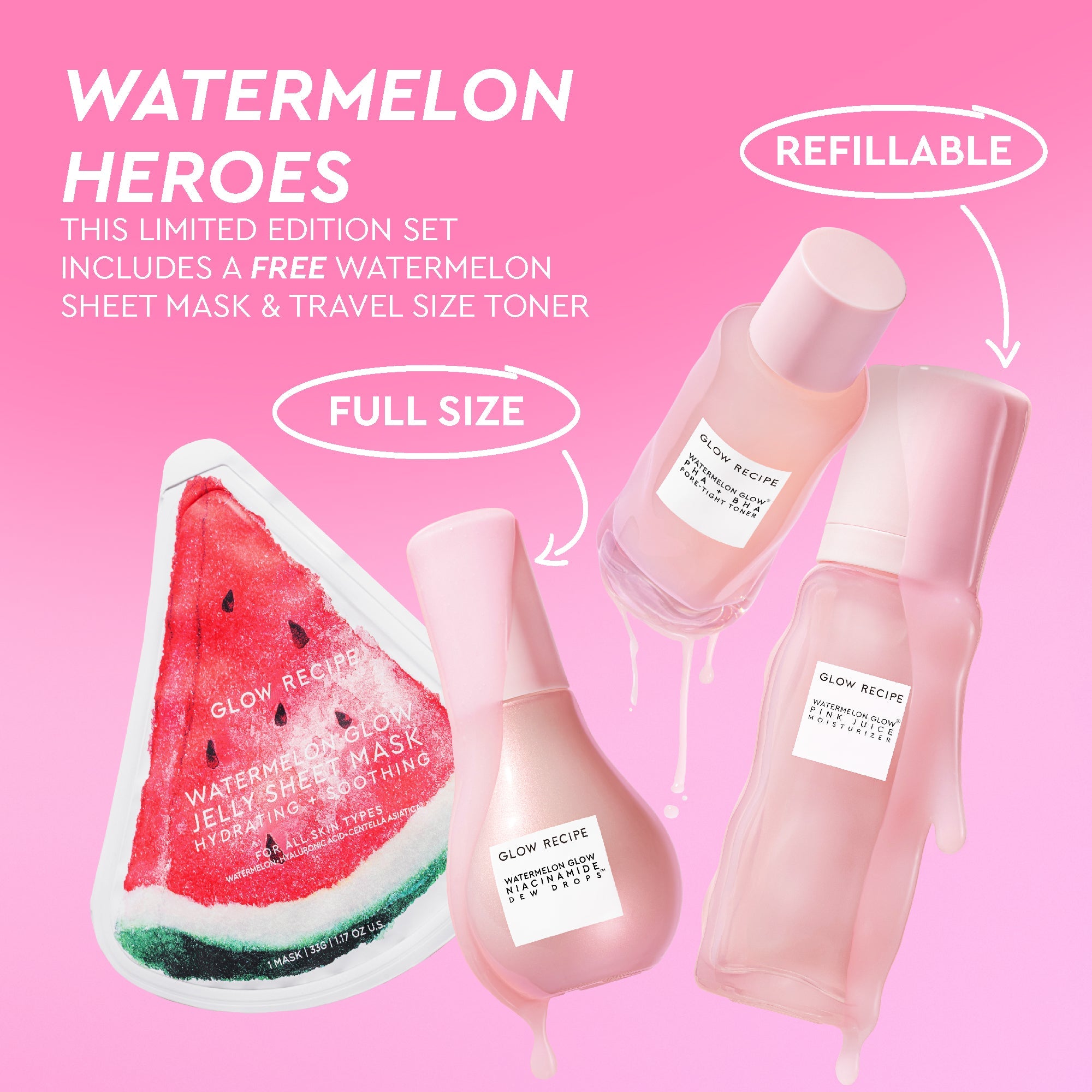Glow Recipe Watermelon Heroes set with sheet mask and travel size toner on pink background