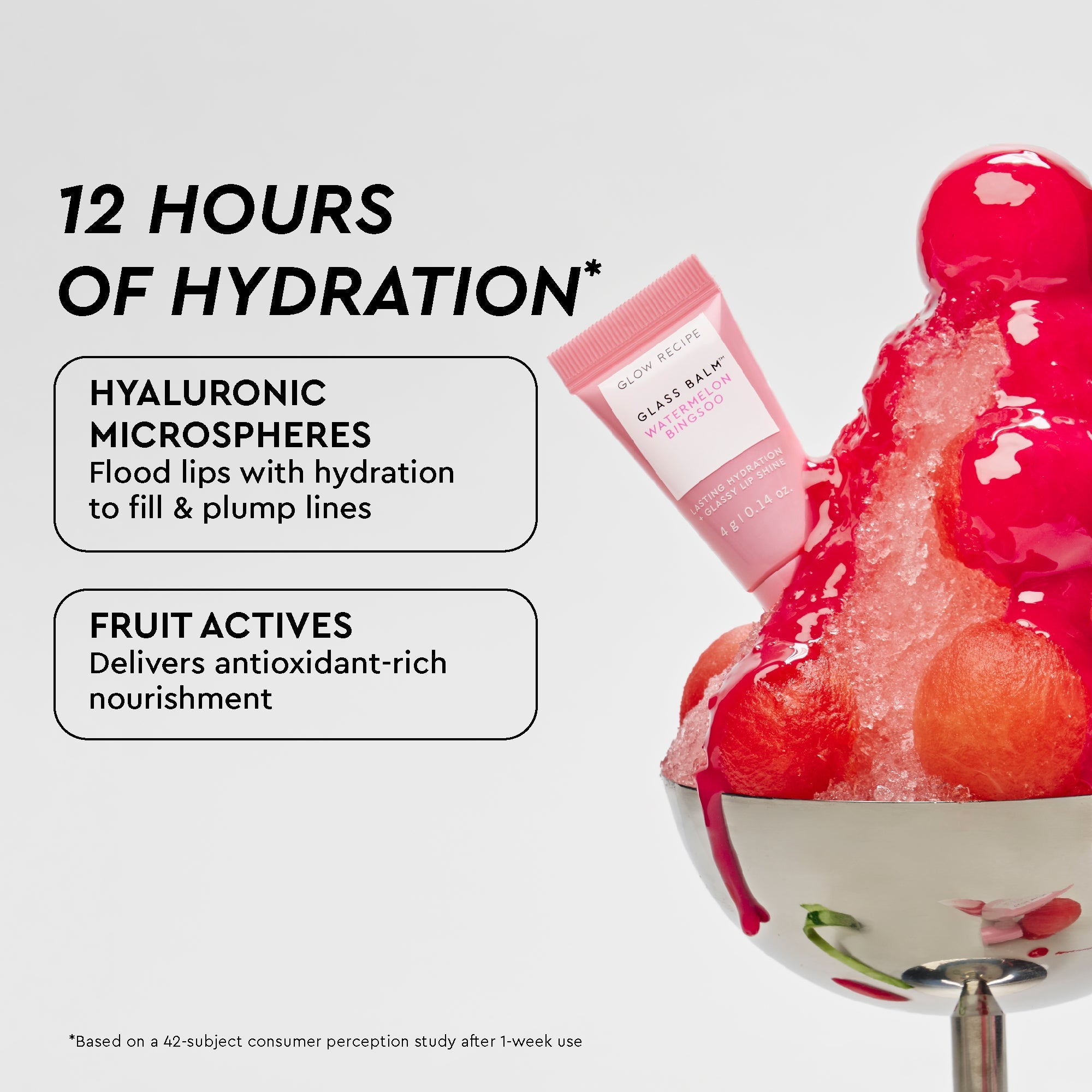 Glow Recipe Best of Glow Hues Kit infographic highlighting the Glass Balm's watermelon-powered hydration claims.