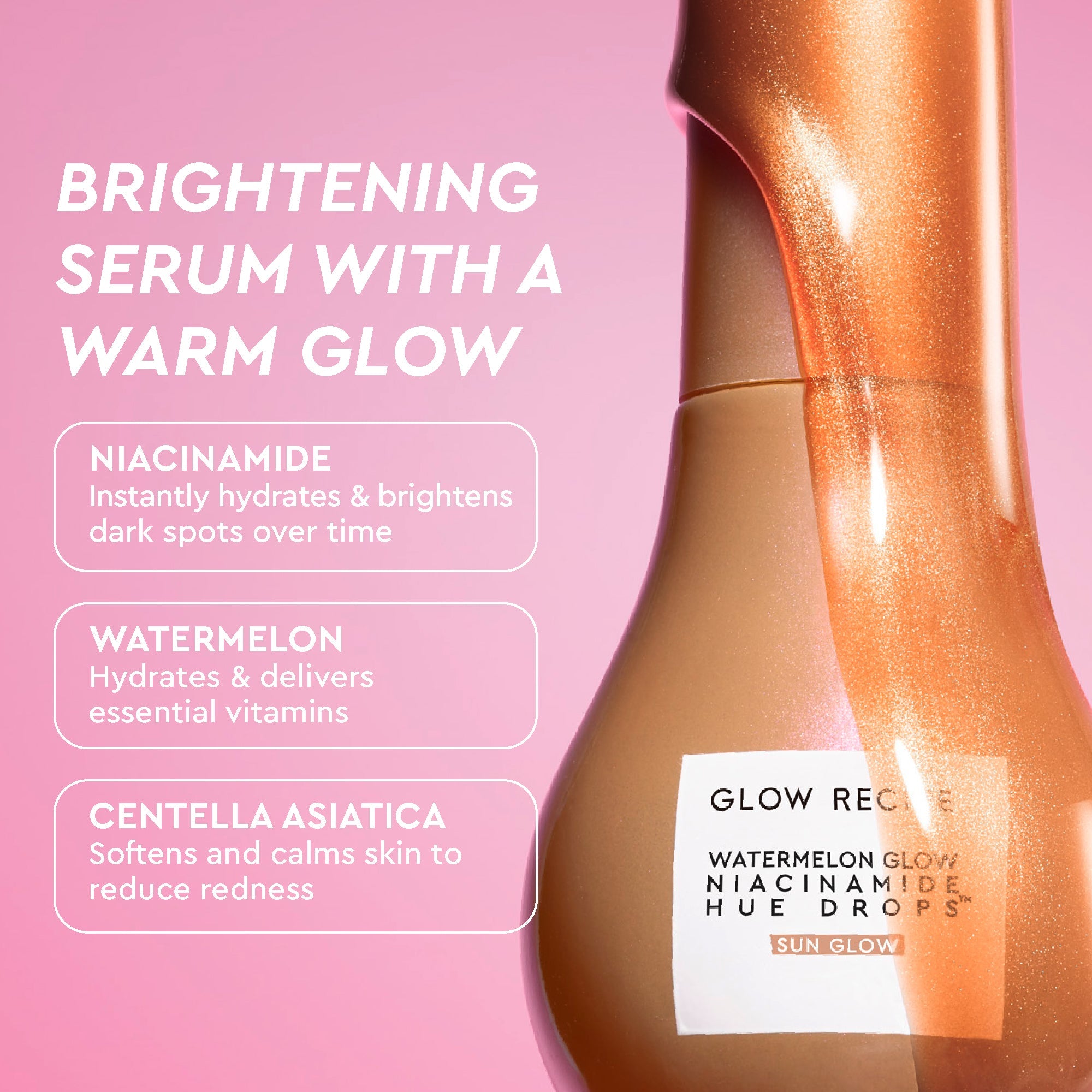 Glow Recipe Best of Glow Hues Kit infographic listing the niacinamide and watermelon-powered ingredients in Hue Drops.