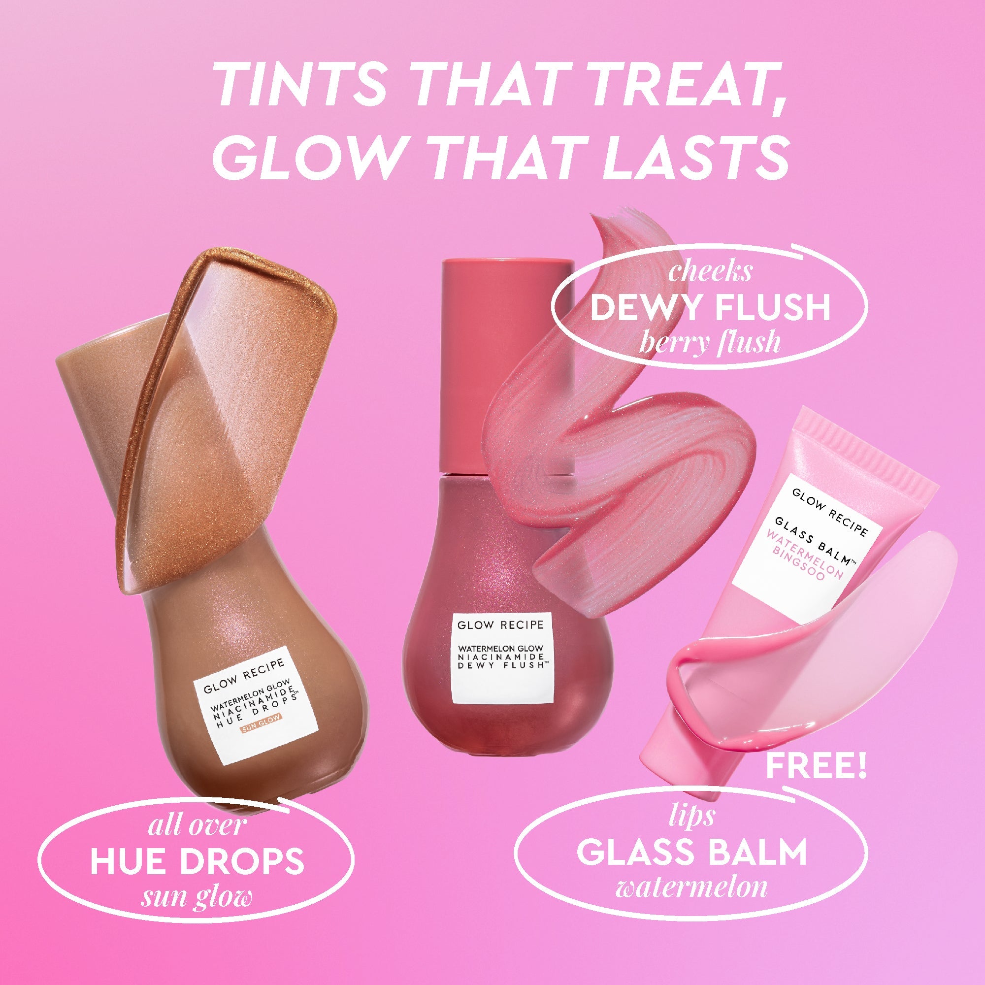 Glow Recipe Best of Glow Hues Kit product set shot showing the Hue Drops, Dewy Flush, and Glass Balm minis together.