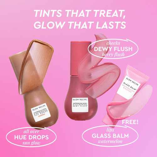 Glow Recipe Best of Glow Hues Kit product set shot showing the Hue Drops, Dewy Flush, and Glass Balm minis together.