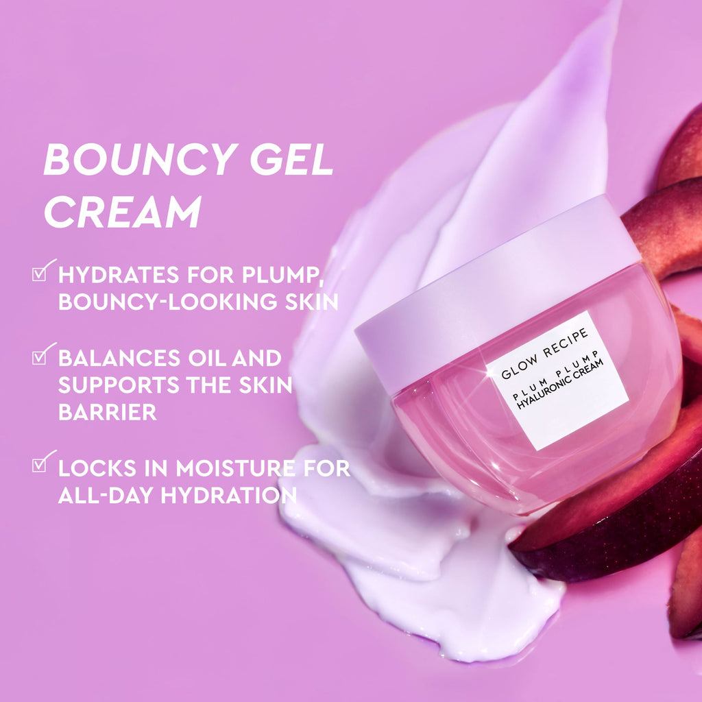 Glow Recipe Korean Glow Ritual Kit infographic listing hydration benefits of the full-size Plum Plump Hyaluronic Cream