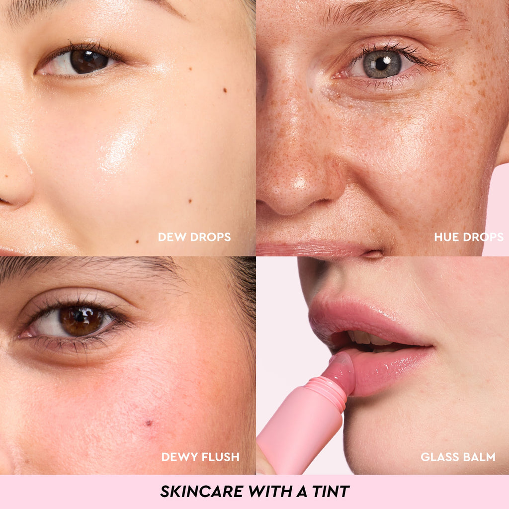 Infographic slide detailing the Mini Dewy Flush Watermelon, a sheer tint for a natural cheek flush.