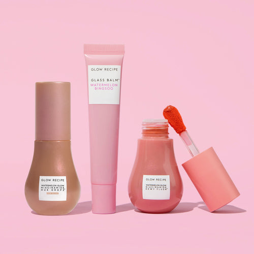 3-Step Fresh Face Routine kit shot showing Mini Hue Drops, Dewy Flush, and Glass Balm Lip Treatment on a pink background.