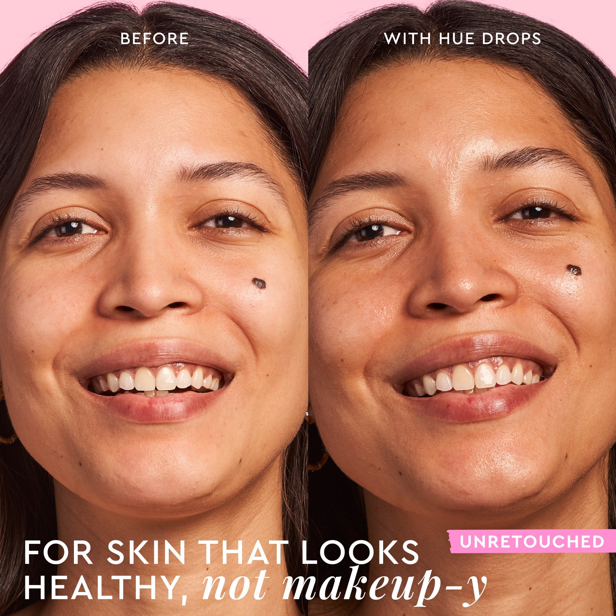 Before-and-after comparison of Watermelon Glow Niacinamide Hue Drops in Sun Glow, showing its sheer, brightening tint on skin.