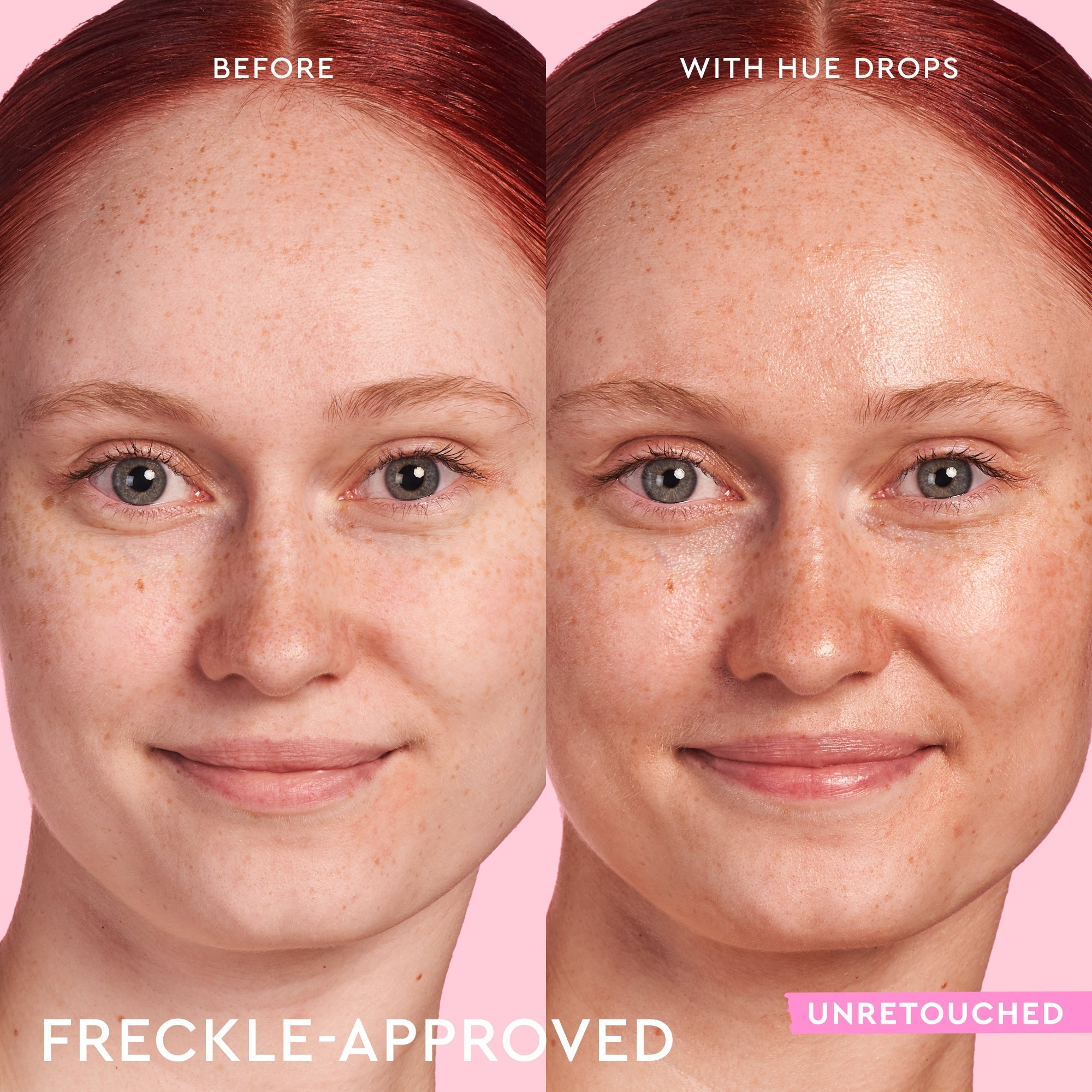 Watermelon Glow Niacinamide Hue Drops before-and-after showing skin brightened with a sheer, buildable tint.