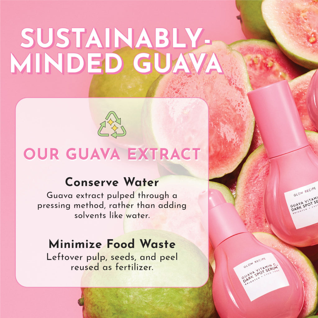 Infographic highlighting Glow Recipe's Guava Vitamin C Dark Spot Serum's Vitamin C encapsulation technology for gradual, non-irritating brightening.