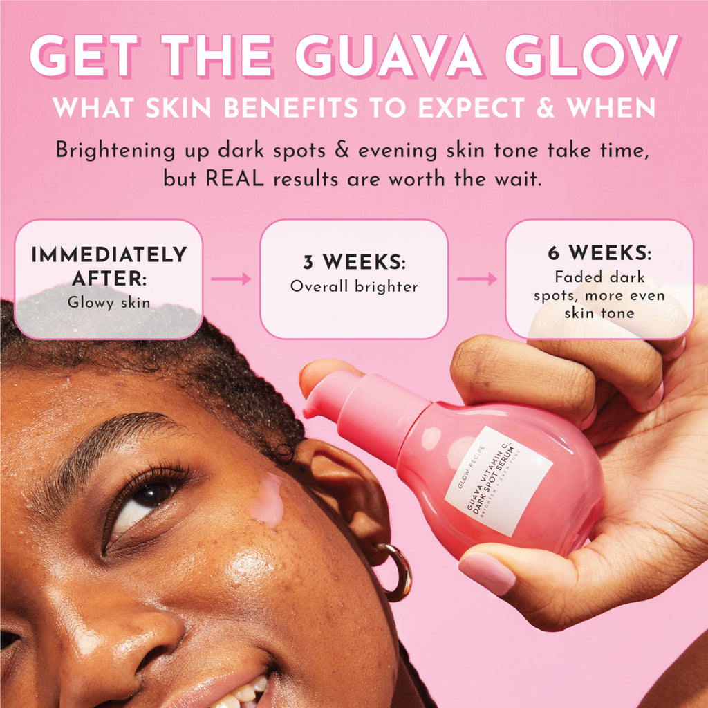 Glow Recipe Guava Vitamin C Dark Spot Serum shown as part of a brightening skincare routine for dark spots and uneven tone.