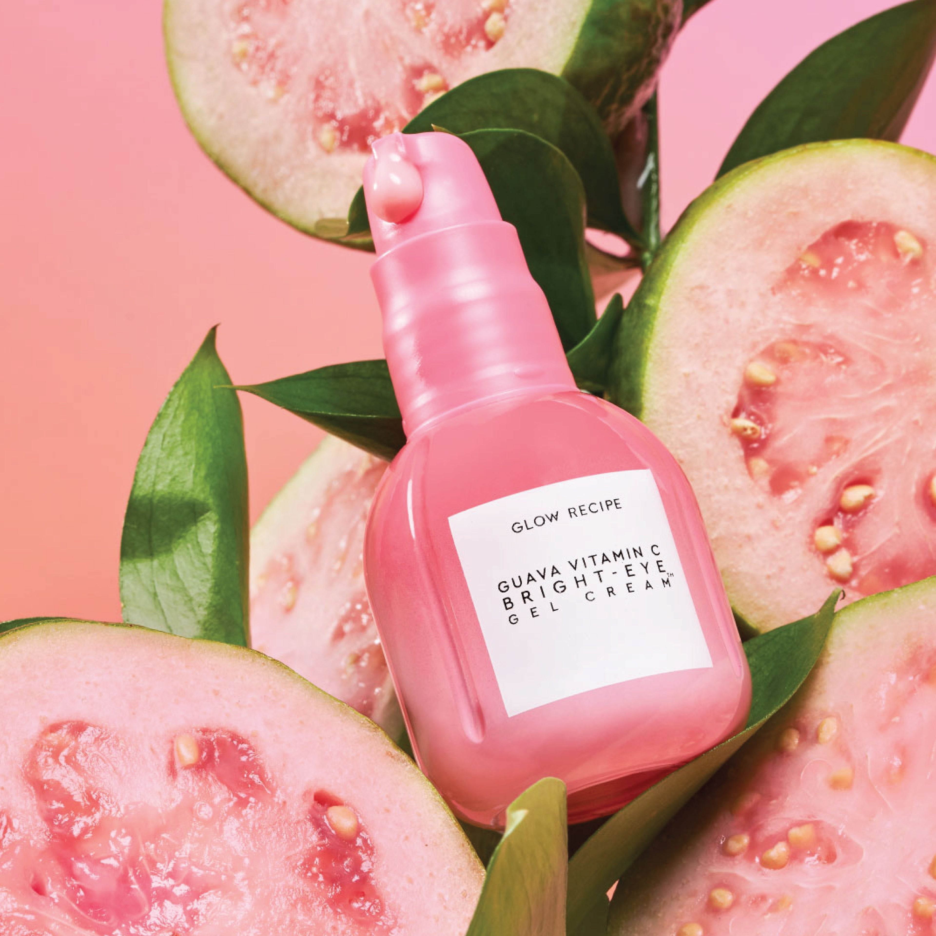 Infographic detailing Glow Recipe's 10% encapsulated vitamin C complex in the Guava Bright-Eye Gel Cream for gradual brightening.
