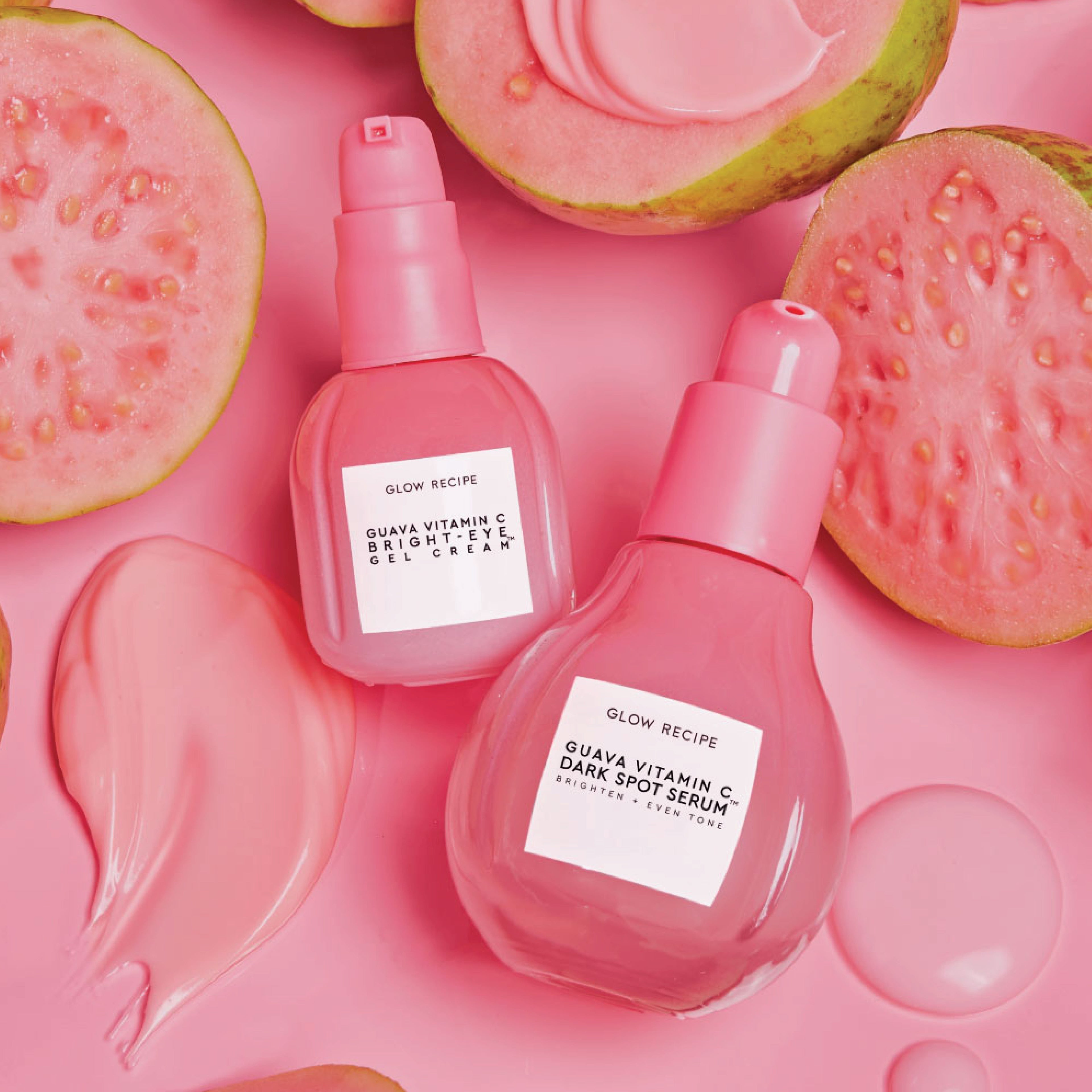 Glow Recipe Guava Vitamin C Dark Spot Serum paired with the brand's Guava Vitamin C Bright-Eye Gel Cream for a complete brightening routine.