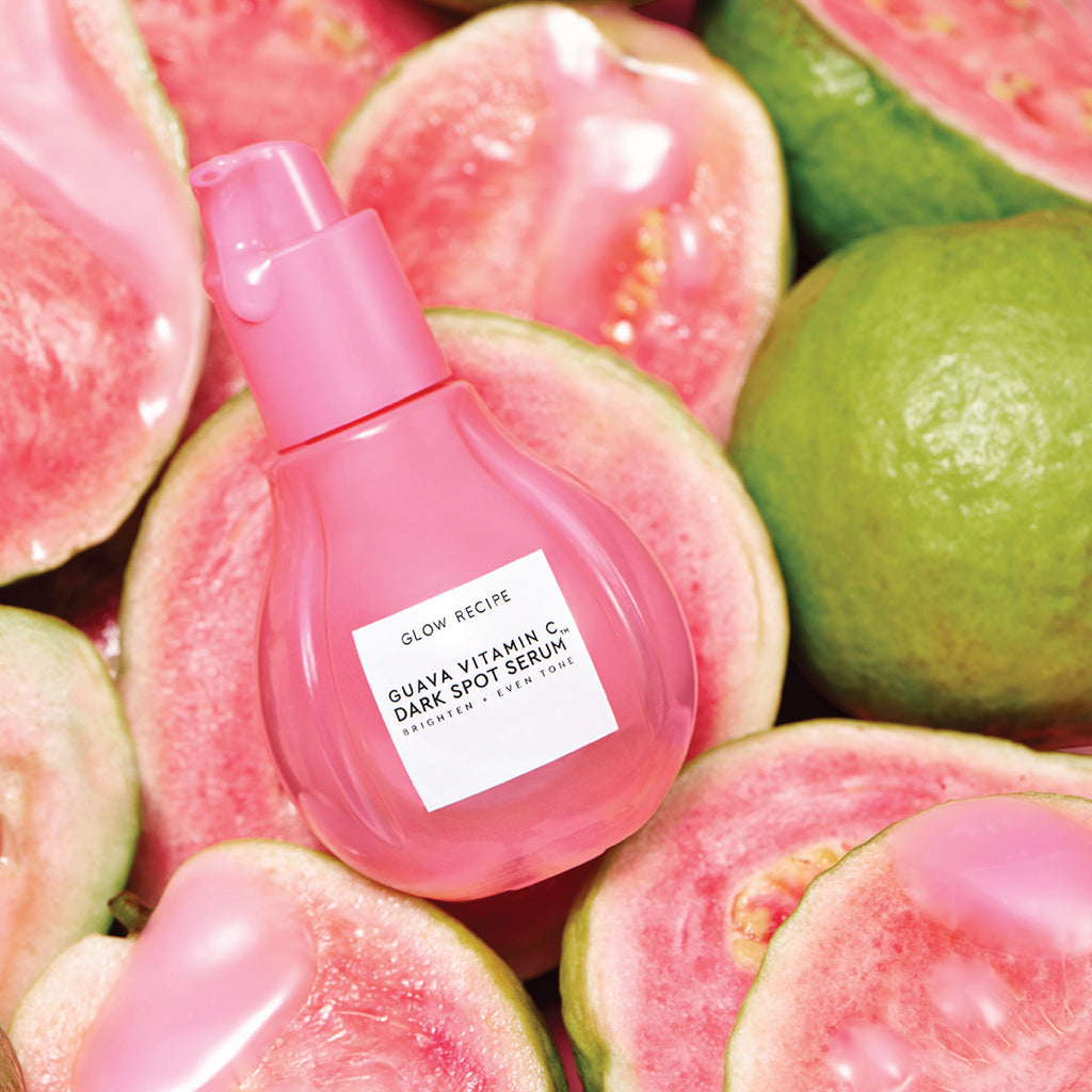 Glow Recipe Guava Vitamin C Dark Spot Serum bottle, five-vitamin-C brightening serum