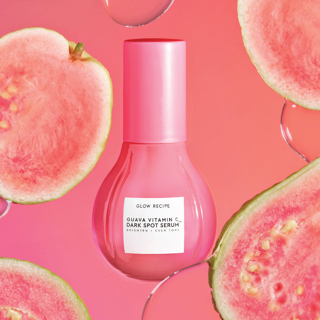 Infographic detailing how Glow Recipe's Guava Vitamin C Dark Spot Serum suits all skin types without harsh irritation while delivering a radiant glow.