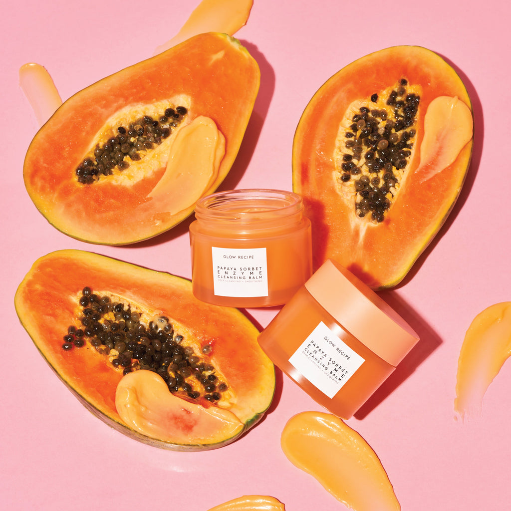 Glow Recipe Papaya Sorbet Enzyme Cleansing Balm claim graphic explaining its balm-to-milky-oil texture for double cleansing.