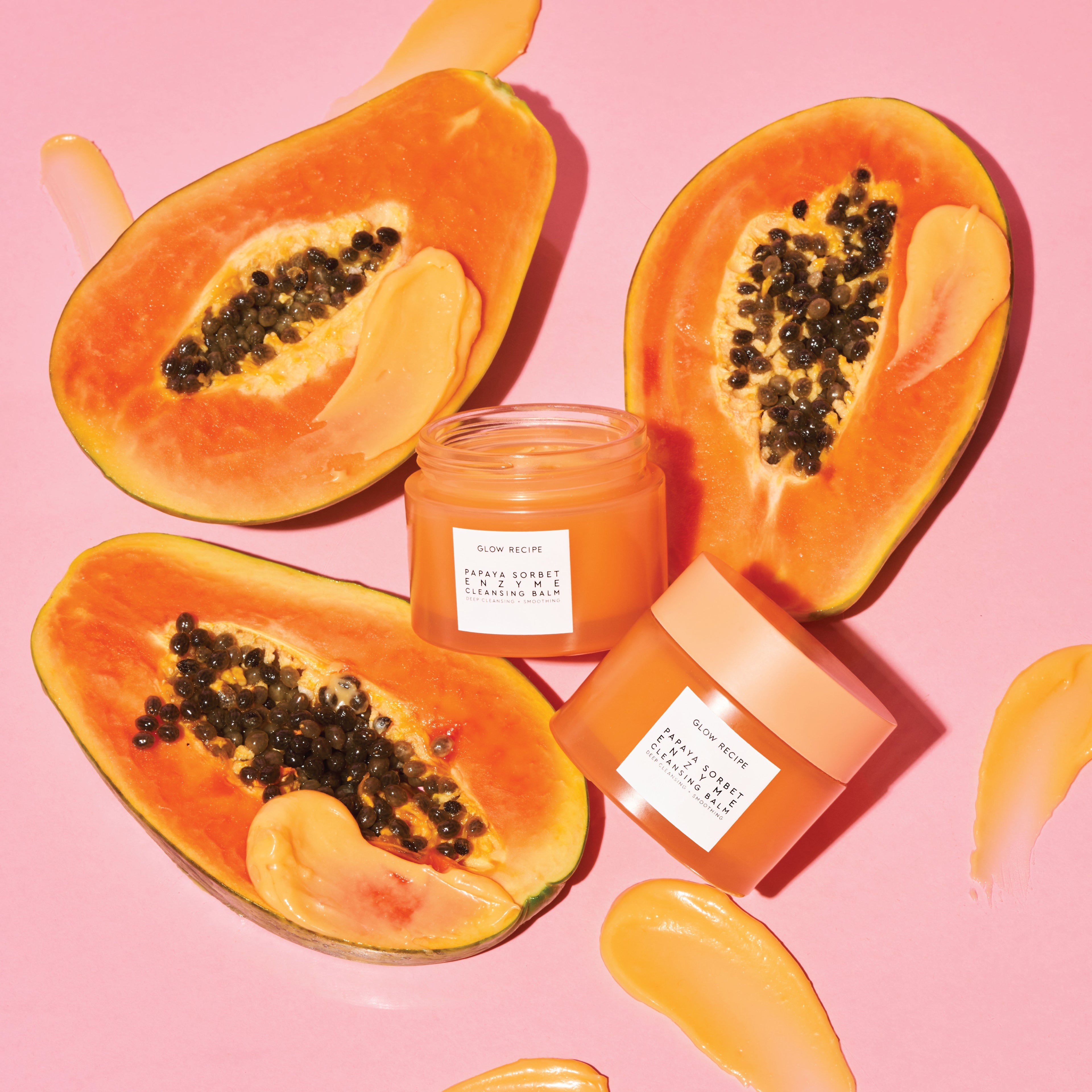 Glow Recipe Papaya Sorbet Enzyme Cleansing Balm claim graphic explaining its balm-to-milky-oil texture for double cleansing.