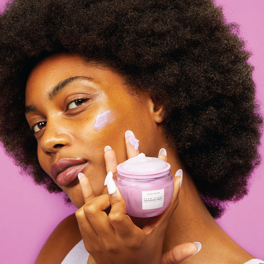 Glow Recipe Plum Plump Hyaluronic Cream shown in its refillable jar, formulated with polyglutamic acid and multi-weight hyaluronic acid.