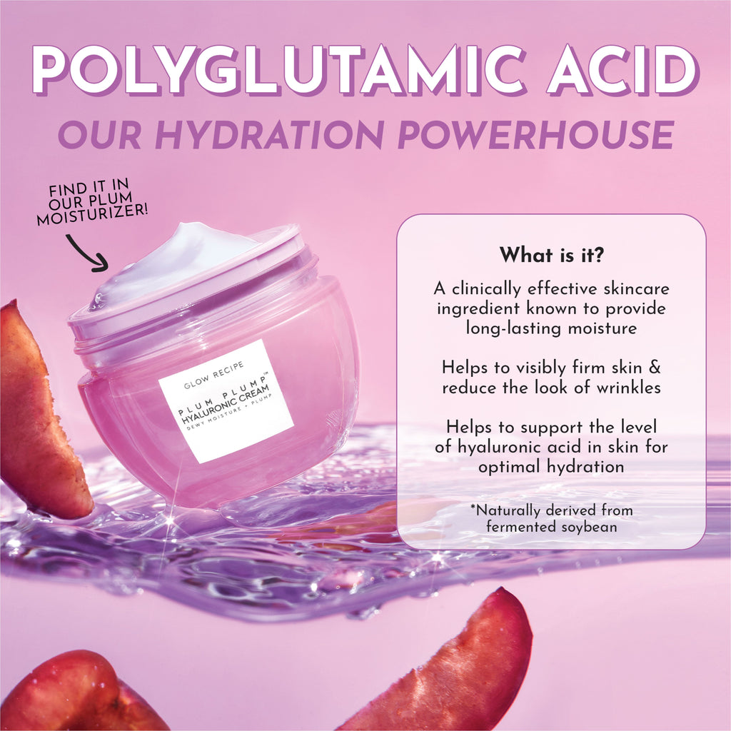 Infographic explaining how Glow Recipe's Plum Plump Hyaluronic Cream balances excess oil while delivering long-lasting, plumping hydration.