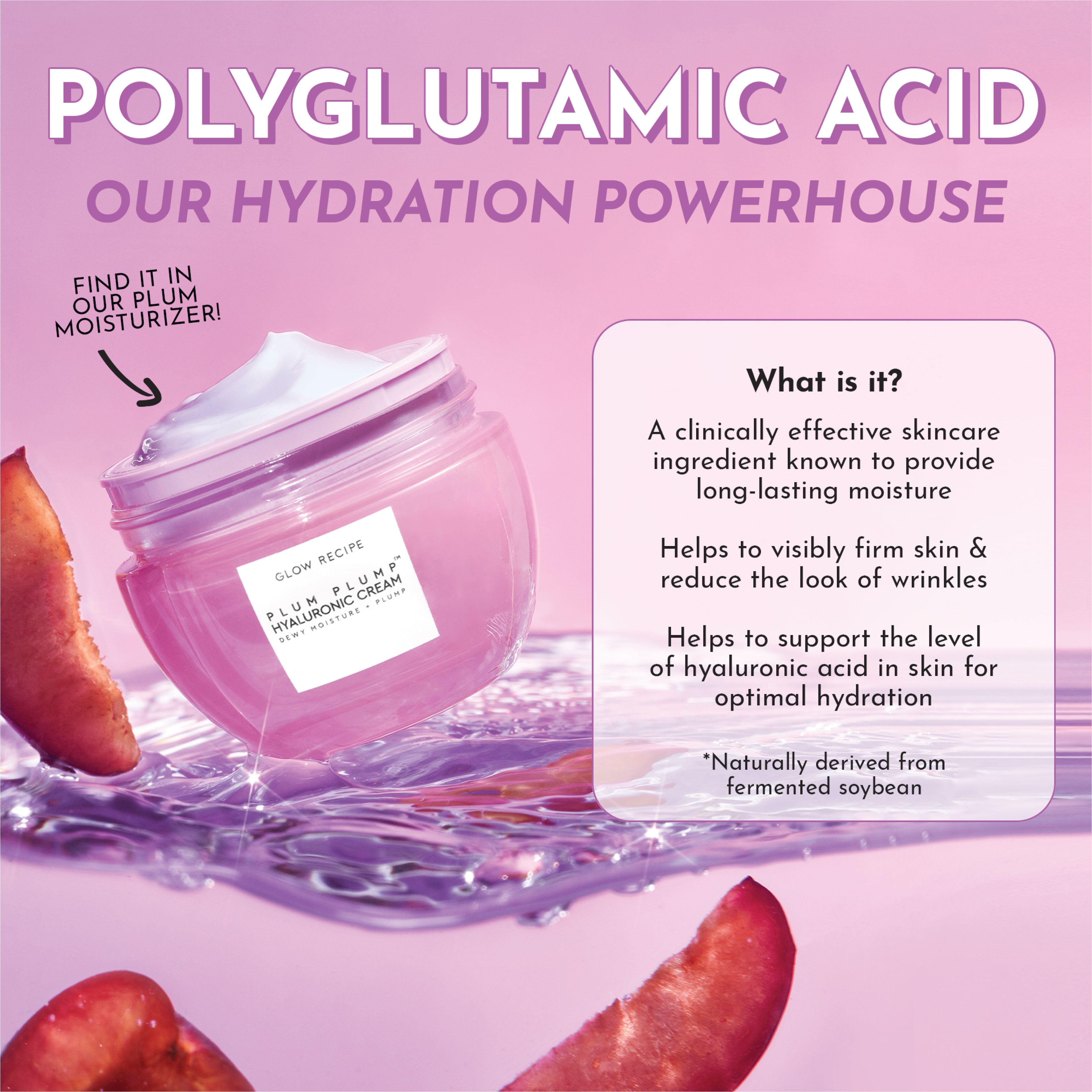 Infographic explaining how Glow Recipe's Plum Plump Hyaluronic Cream balances excess oil while delivering long-lasting, plumping hydration.