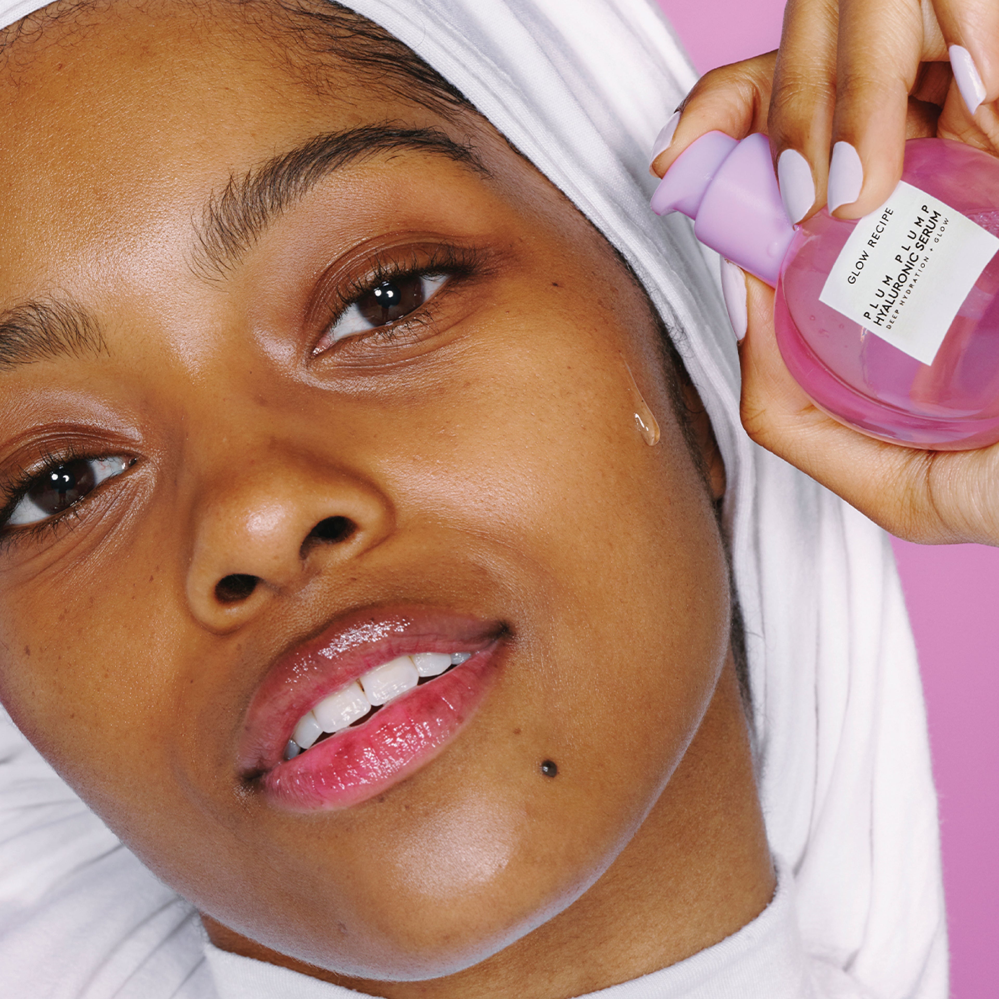 Glow Recipe Plum Plump Hyaluronic Serum texture swatch showing its silky, lightweight watergel consistency.