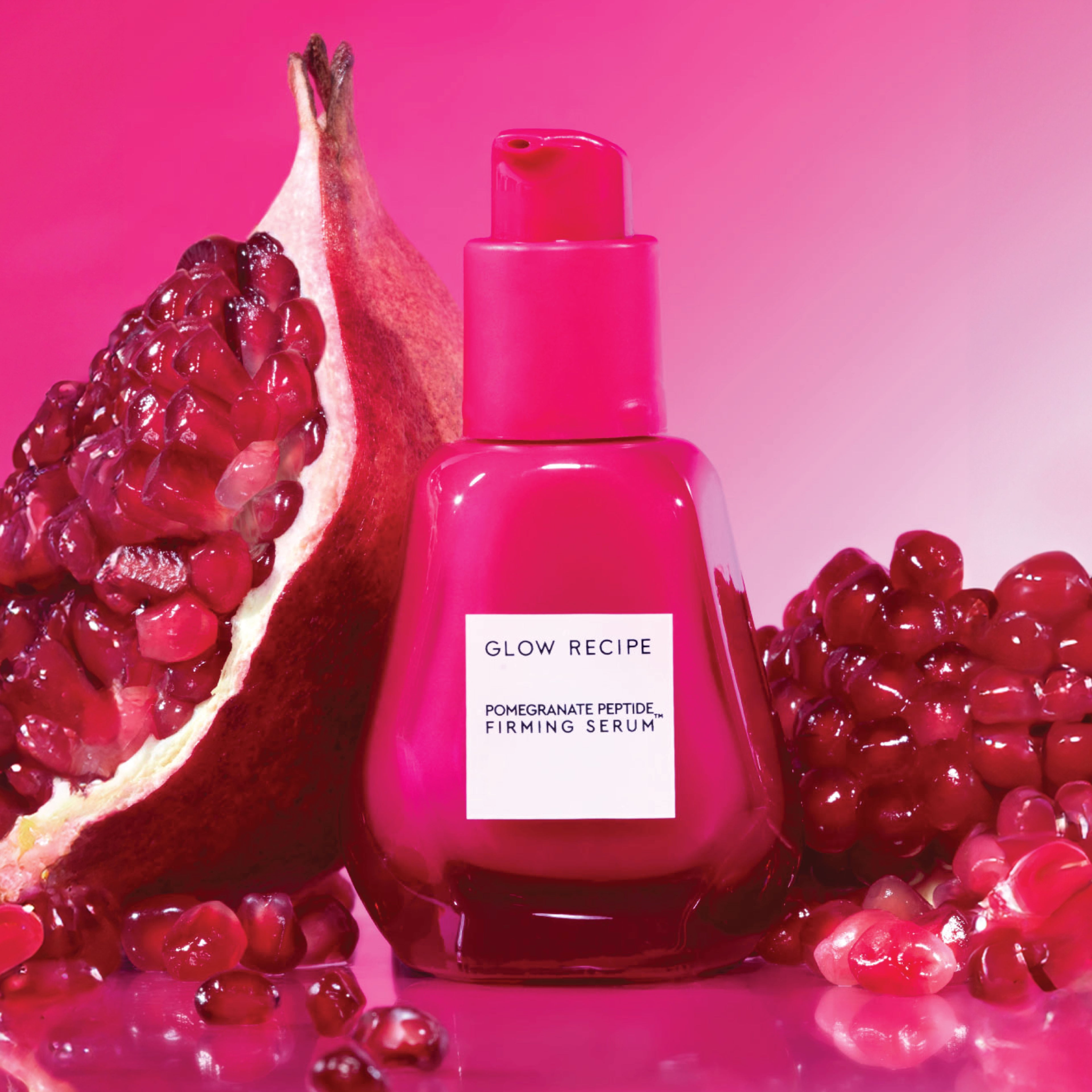 Glow Recipe Pomegranate Peptide Firming Serum bottle shown as the hero shot for this silky, daily firming serum.