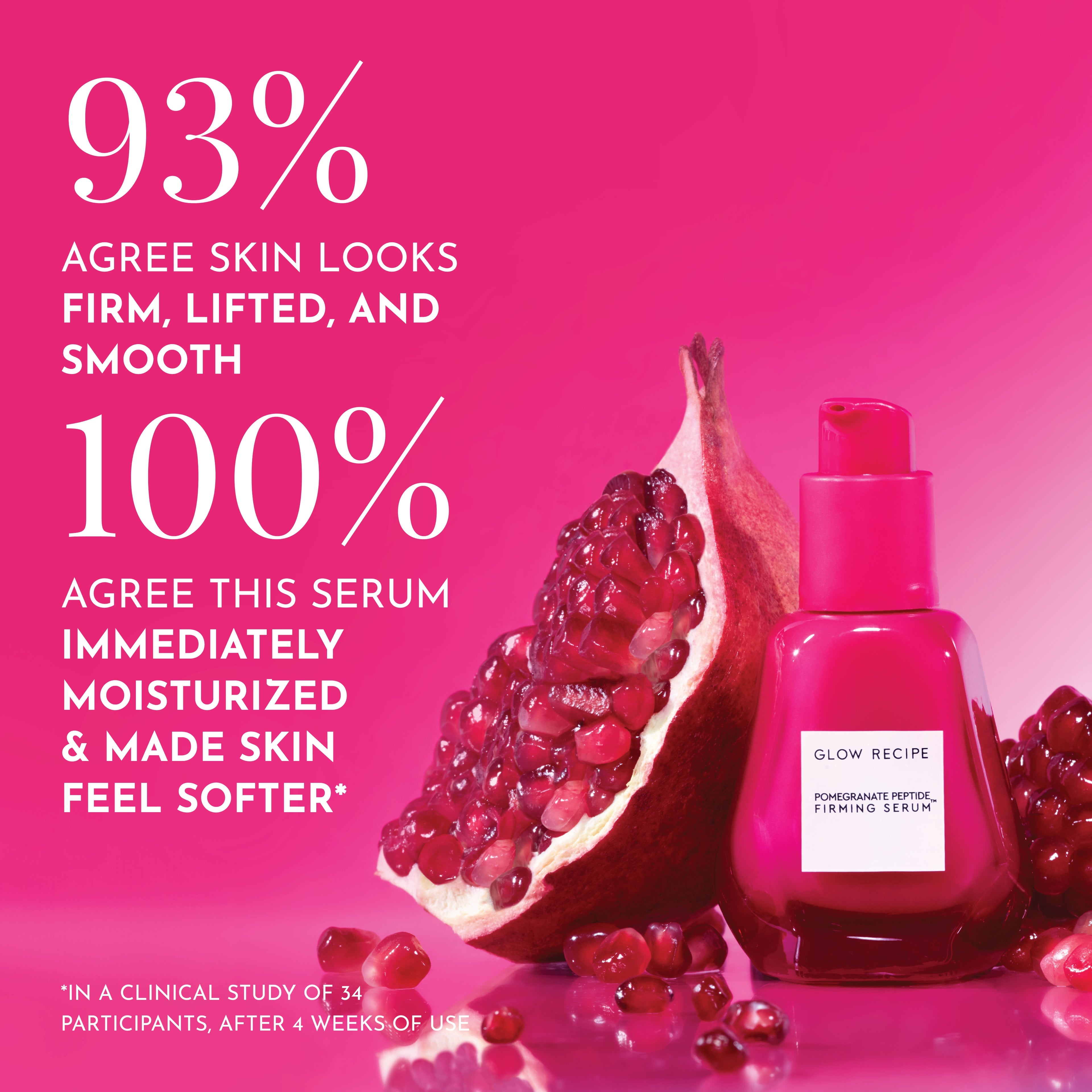 Infographic on the polypeptides and copper peptides in Glow Recipe Pomegranate Peptide Firming Serum that help plump skin.
