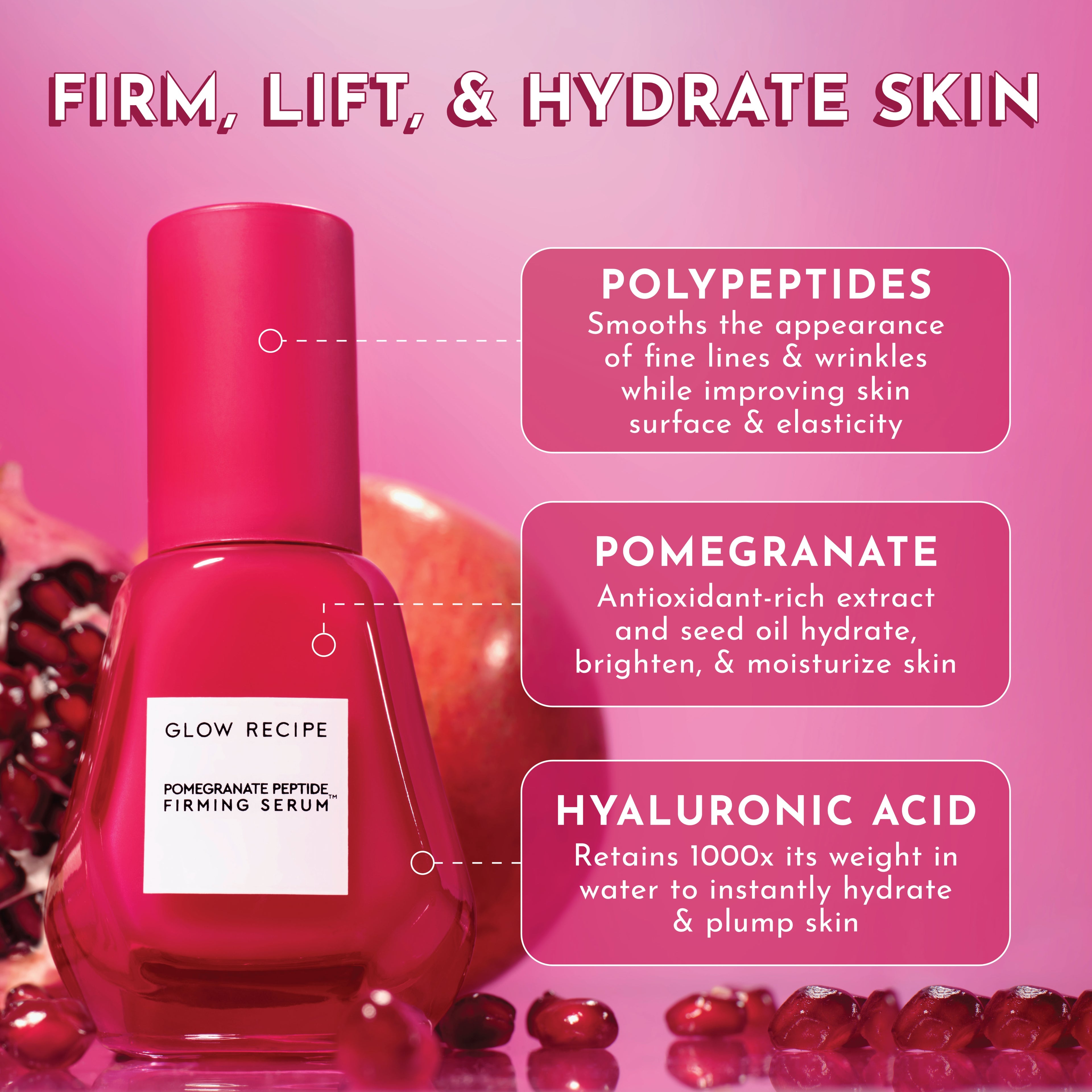 Glow Recipe Pomegranate Peptide Firming Serum shown with hyaluronic acid highlighted for its hydrating, smoothing benefits.