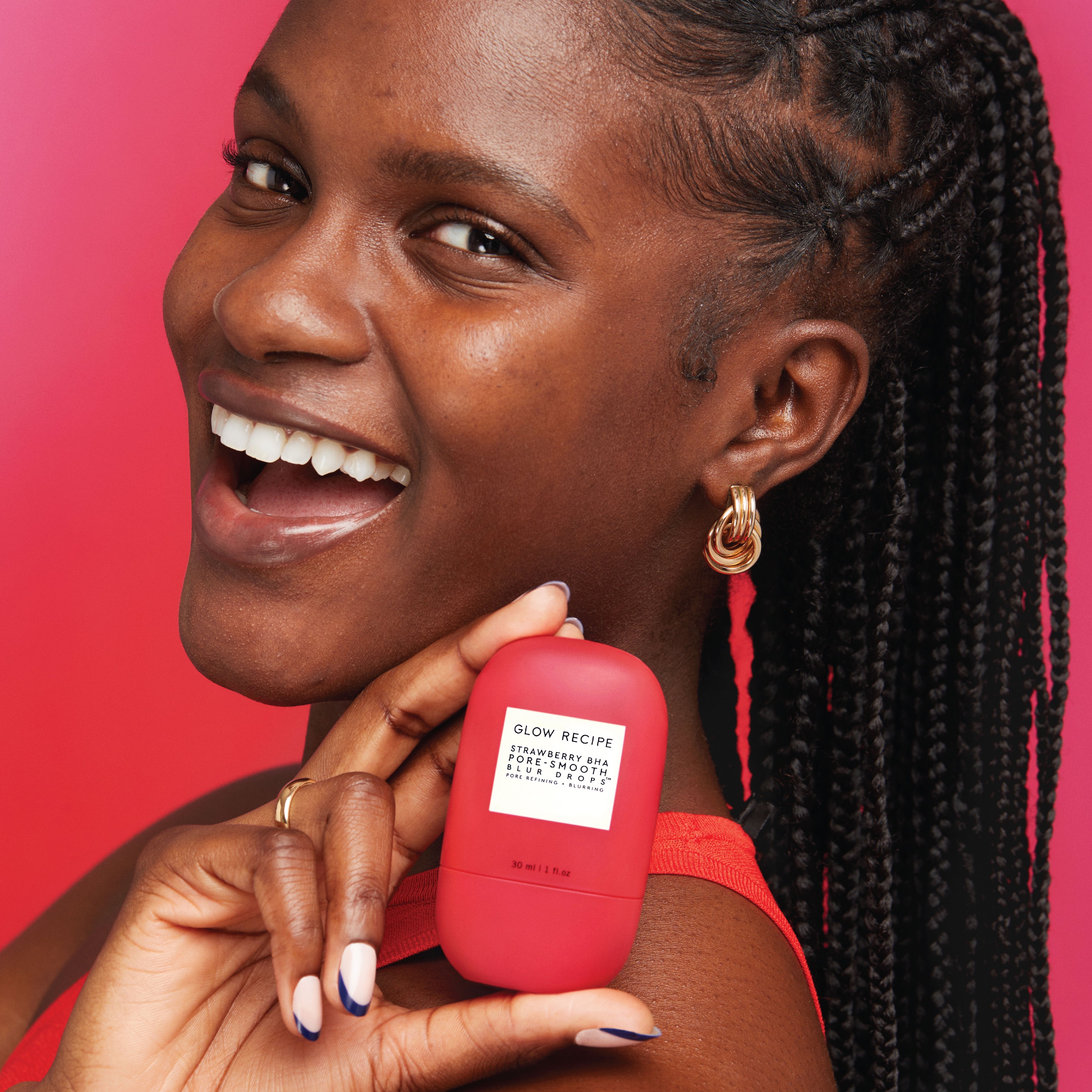 Glow Recipe Strawberry BHA Pore-Smooth Blur Drops texture swatch showing the silky, blurring gel-serum consistency.