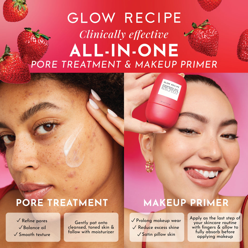 Glow Recipe Strawberry BHA Pore-Smooth Blur Drops shown as a serum-primer hybrid that extends makeup wear and cuts shine.