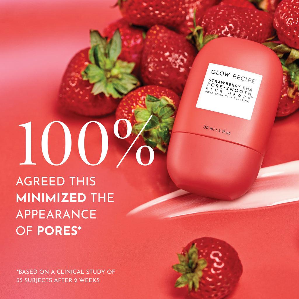 Infographic on Glow Recipe Strawberry BHA Pore-Smooth Blur Drops' encapsulated BHA and strawberry enzymes that reduce pore size.