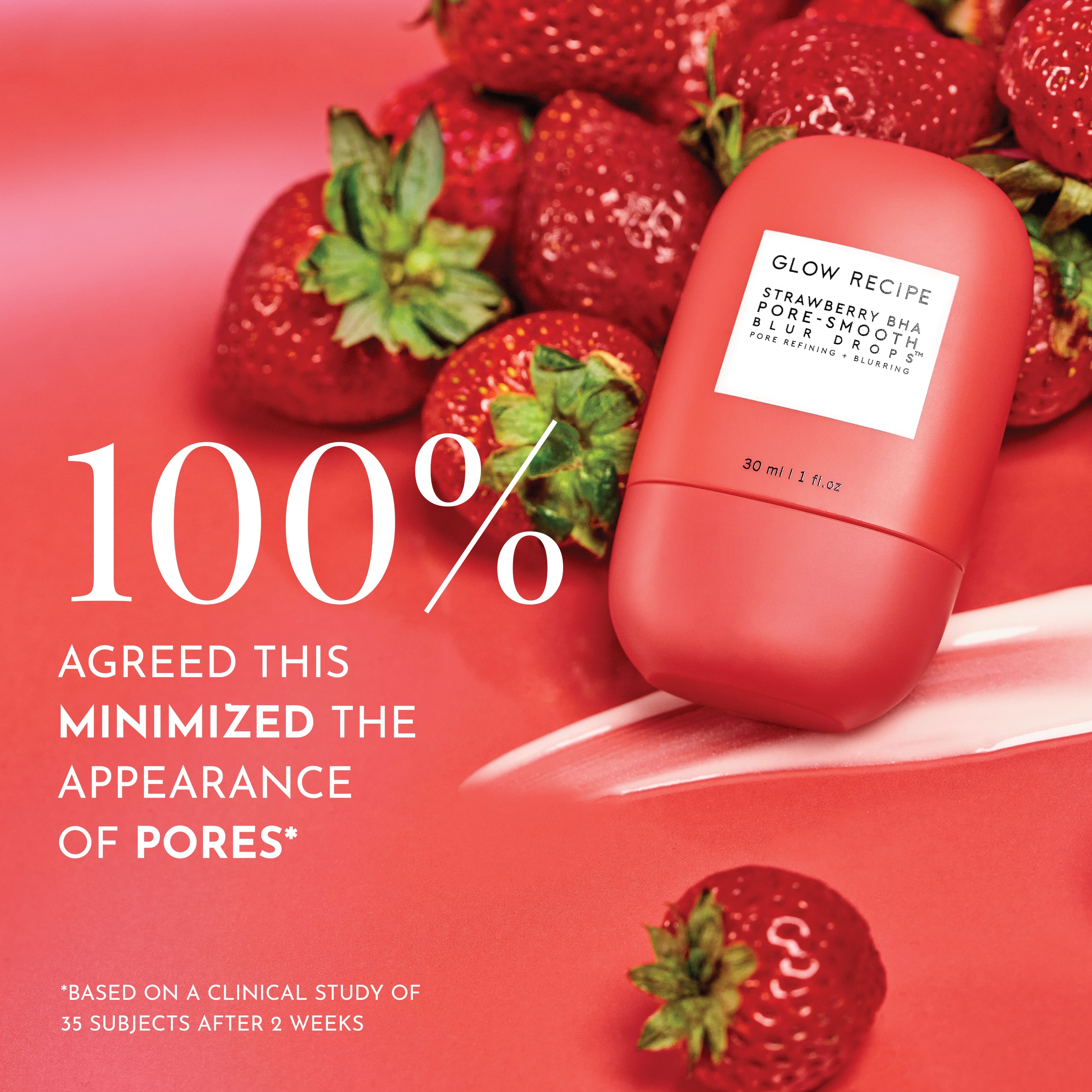 Infographic on Glow Recipe Strawberry BHA Pore-Smooth Blur Drops' encapsulated BHA and strawberry enzymes that reduce pore size.