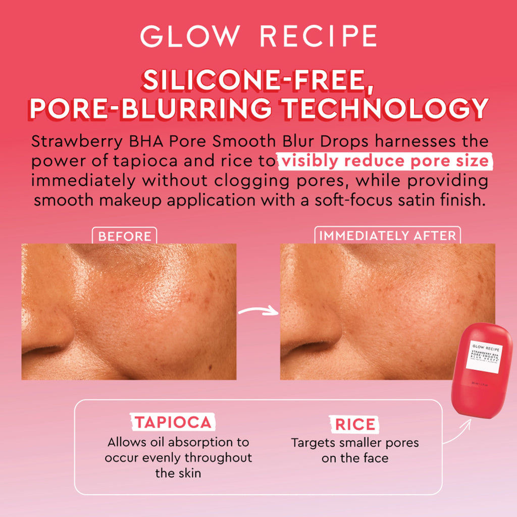Glow Recipe Strawberry BHA Pore-Smooth Blur Drops bottle styled for its dual use as a primer worn under makeup for a satin finish.