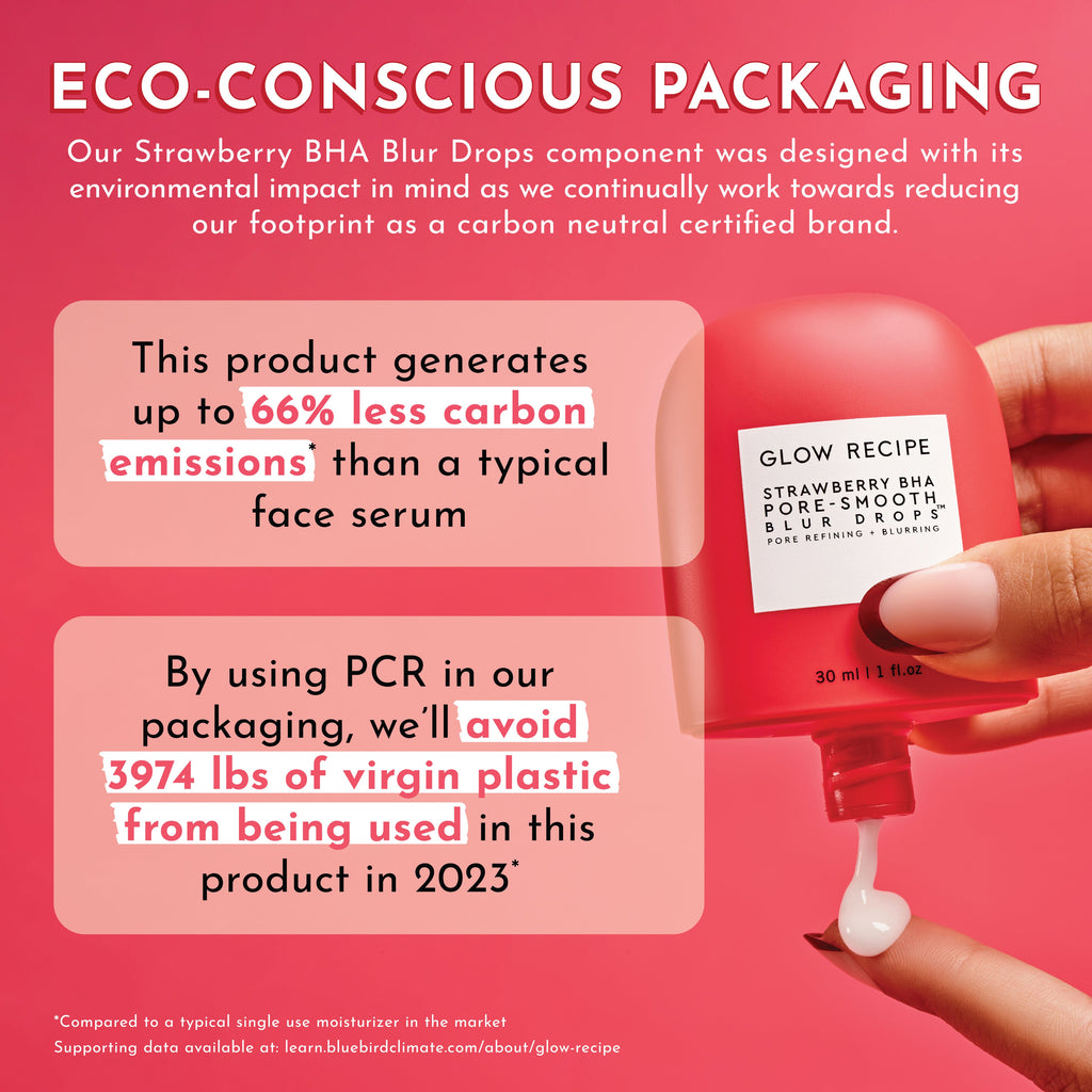 Glow Recipe Strawberry BHA Pore-Smooth Blur Drops packaging shown as a blotting-paper alternative for midday shine touch-ups.