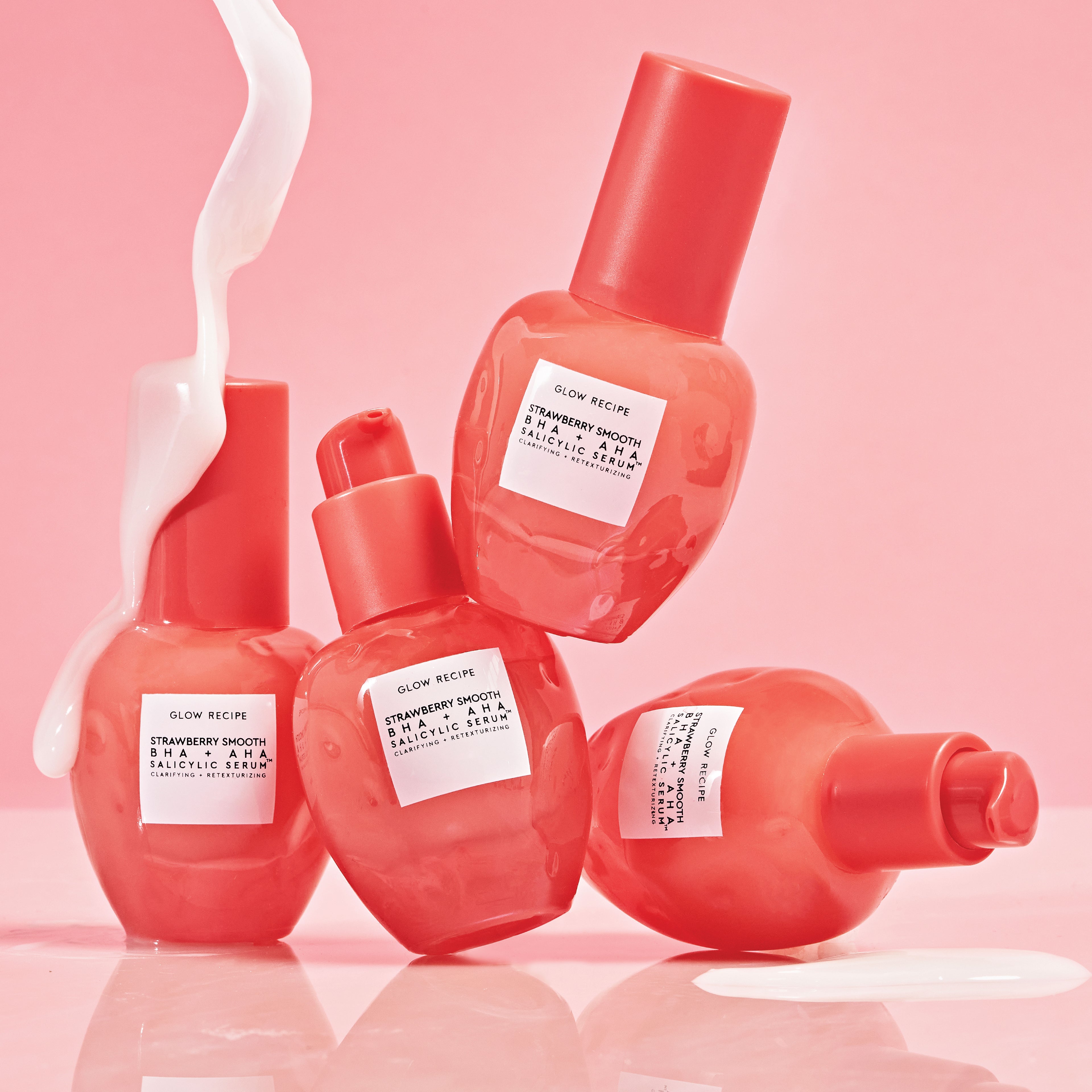 Award badges recognizing Glow Recipe's Strawberry Smooth Serum, including SELF's Best Facial Exfoliant and CEW's Best Indie Skincare honors.