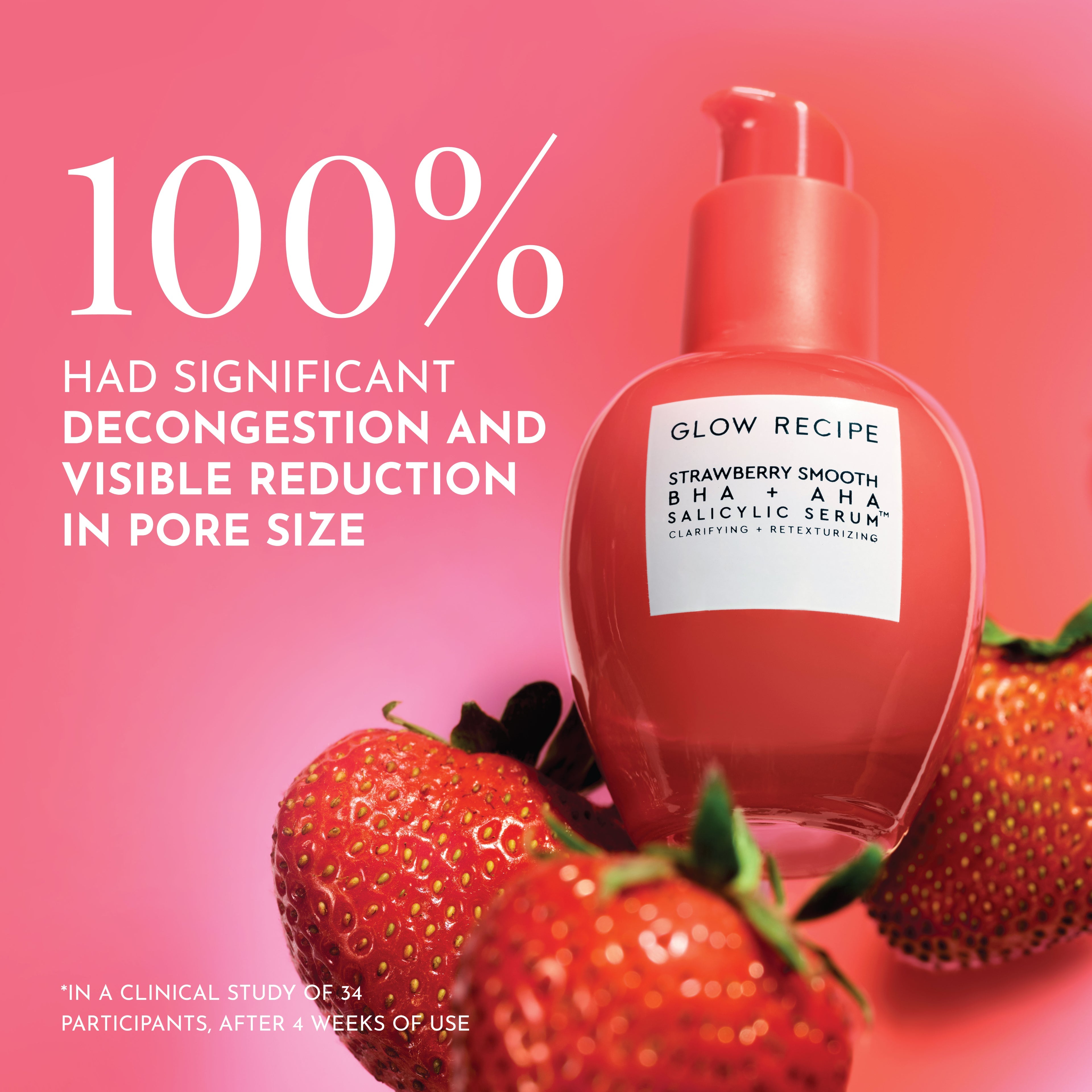 Infographic detailing Glow Recipe's 10% Clarity Acid Complex in the Strawberry Smooth Serum, featuring salicylic and mandelic acids.