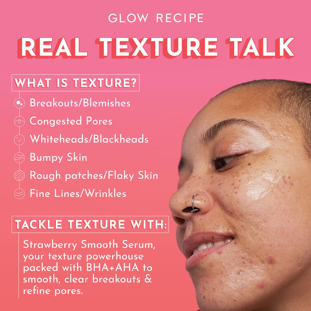 Close-up of Glow Recipe Strawberry Smooth Serum's texture, illustrating its gentle daily clarifying formula for breakout-prone skin.