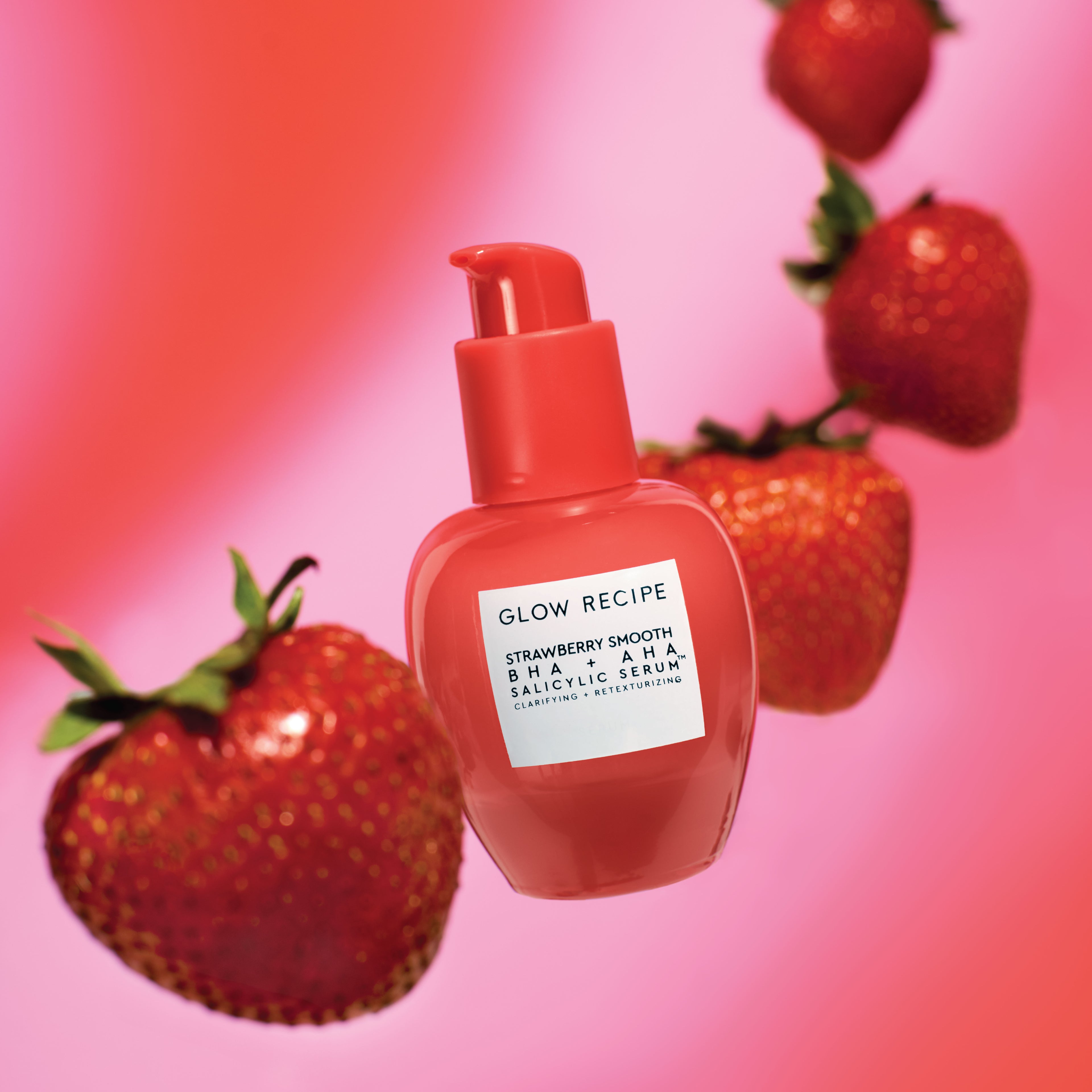 Infographic showing Glow Recipe's Strawberry Smooth Serum as part of a daily routine for smoother, clearer, soft-glow skin.