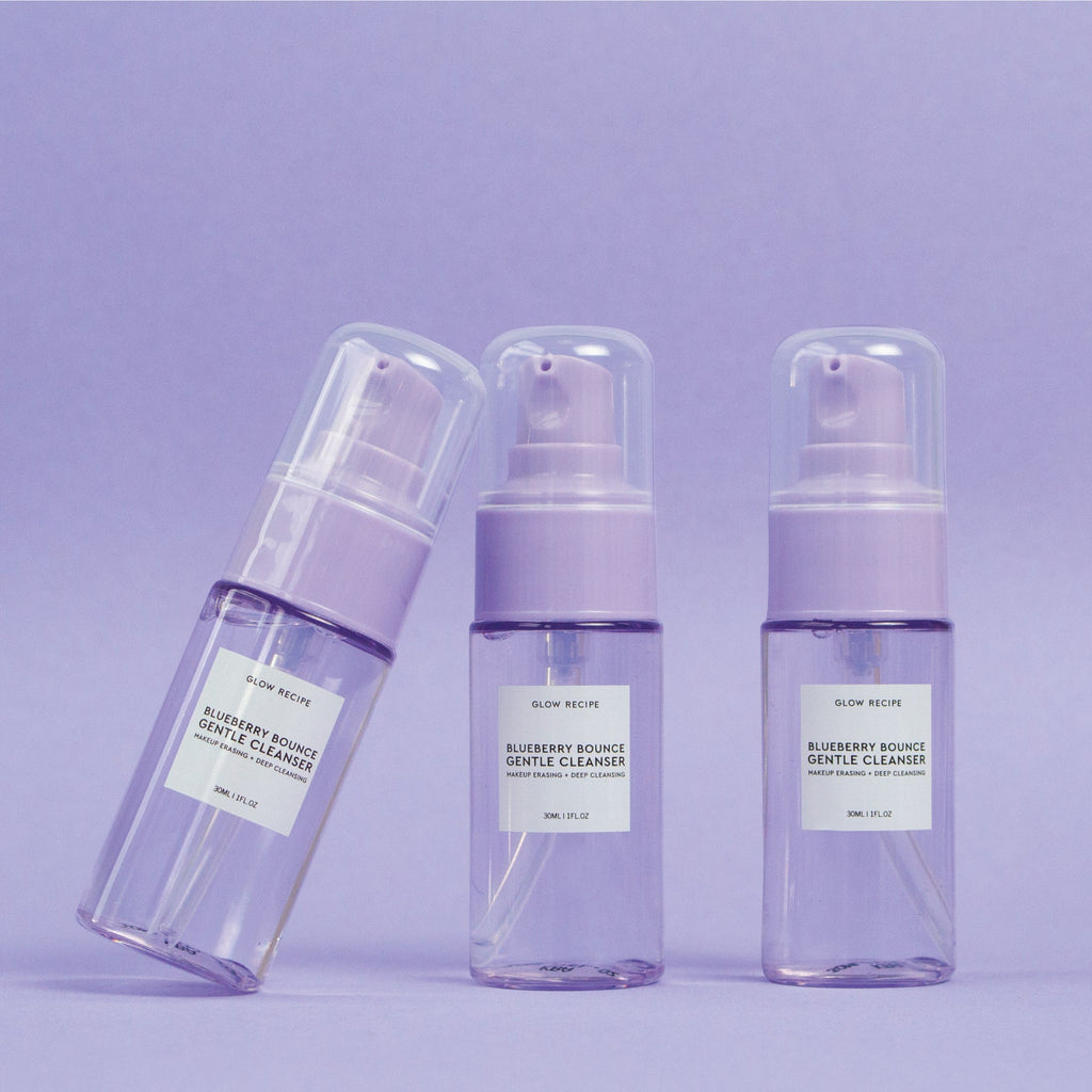 Glow Recipe Mini Blueberry Bounce Gentle Cleanser mini bottle displayed to highlight its 3-in-1 makeup eraser, cleanser, and mask formula.