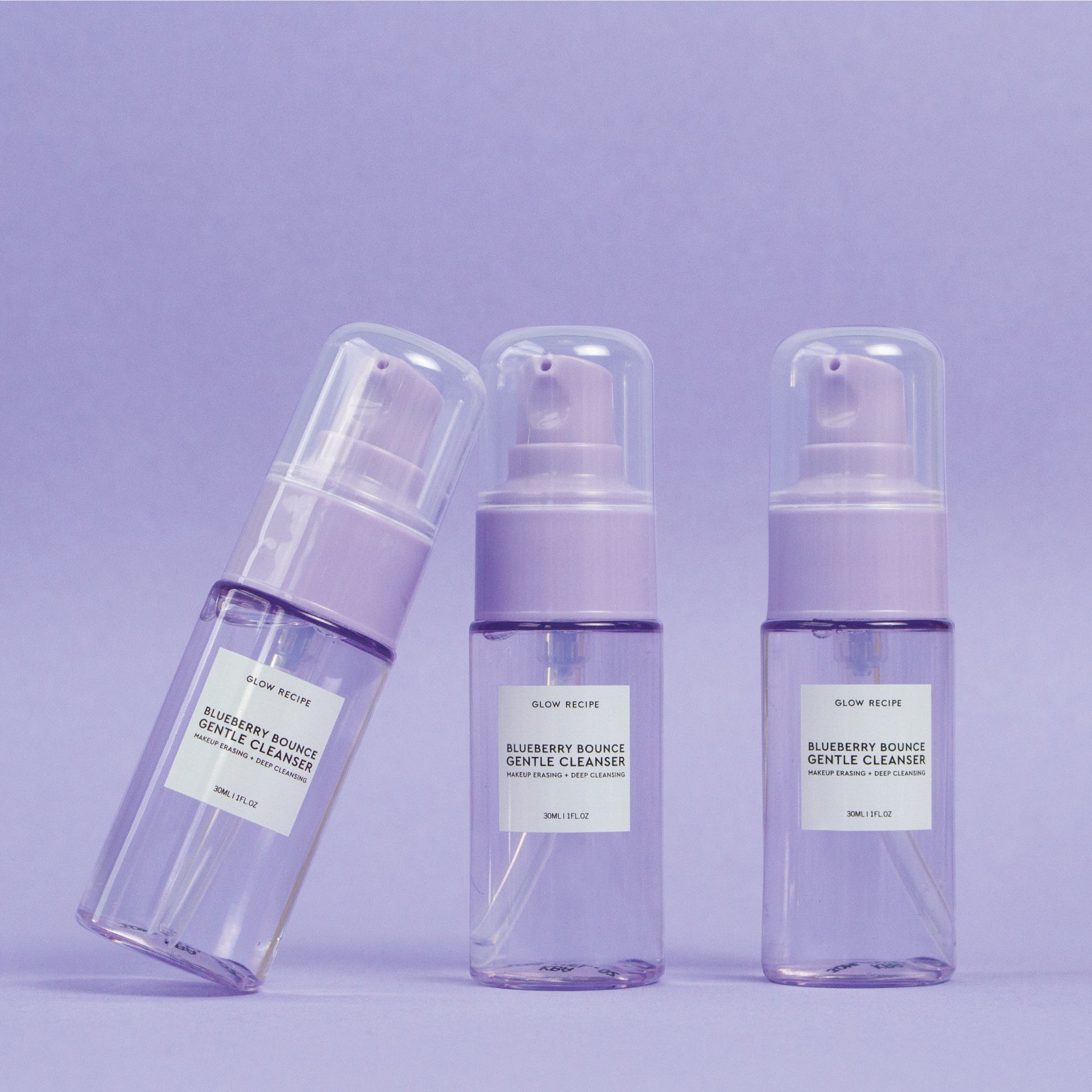 Glow Recipe Mini Blueberry Bounce Gentle Cleanser mini bottle displayed to highlight its 3-in-1 makeup eraser, cleanser, and mask formula.