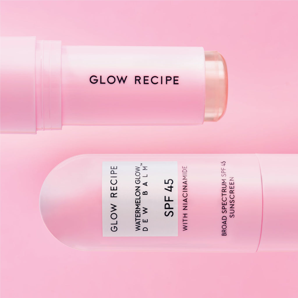 Glow Recipe Watermelon Glow Niacinamide Dew Balm SPF 45 shown with niacinamide called out for evening tone and hyperpigmentation.