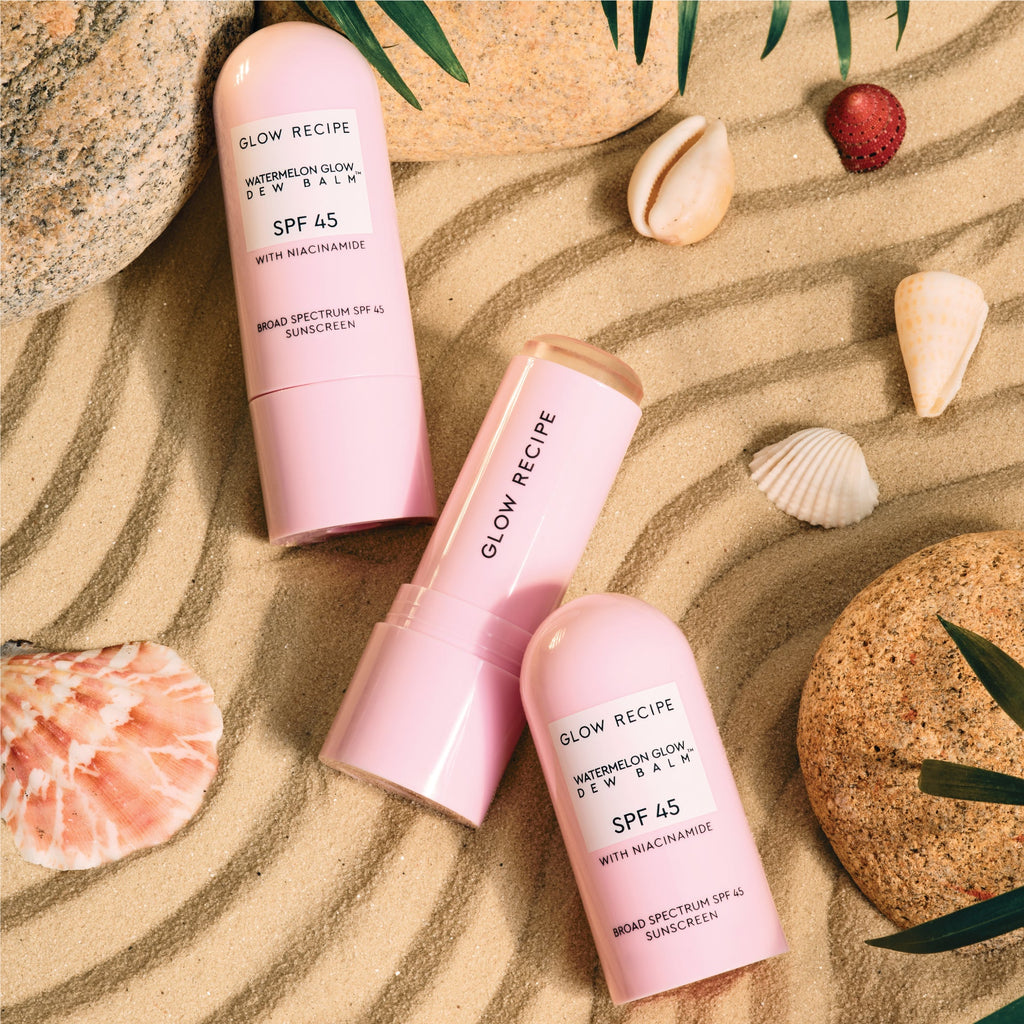 Glow Recipe Watermelon Glow Niacinamide Dew Balm SPF 45 compact opened to reveal the balm's dewy, hydrating finish.