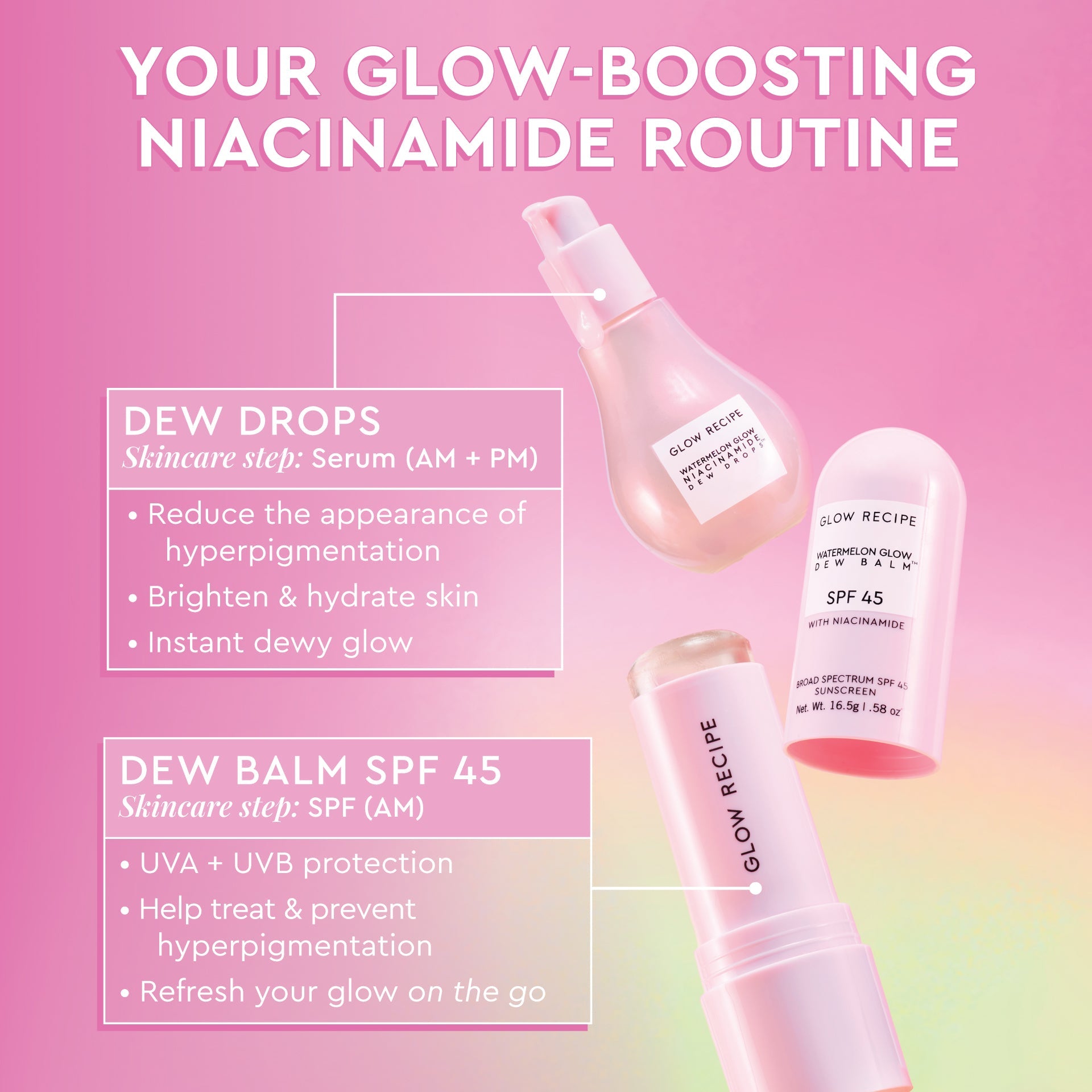 Glow Recipe Watermelon Glow Niacinamide Dew Balm SPF 45 highlighted as a lightweight sunscreen suited for reapplying over makeup.